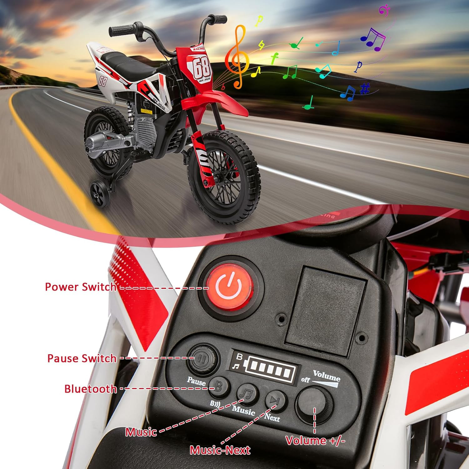12V Kids Electric Dirt Bike with Training Wheels, Twist Grip Throttle, 3Mph Max