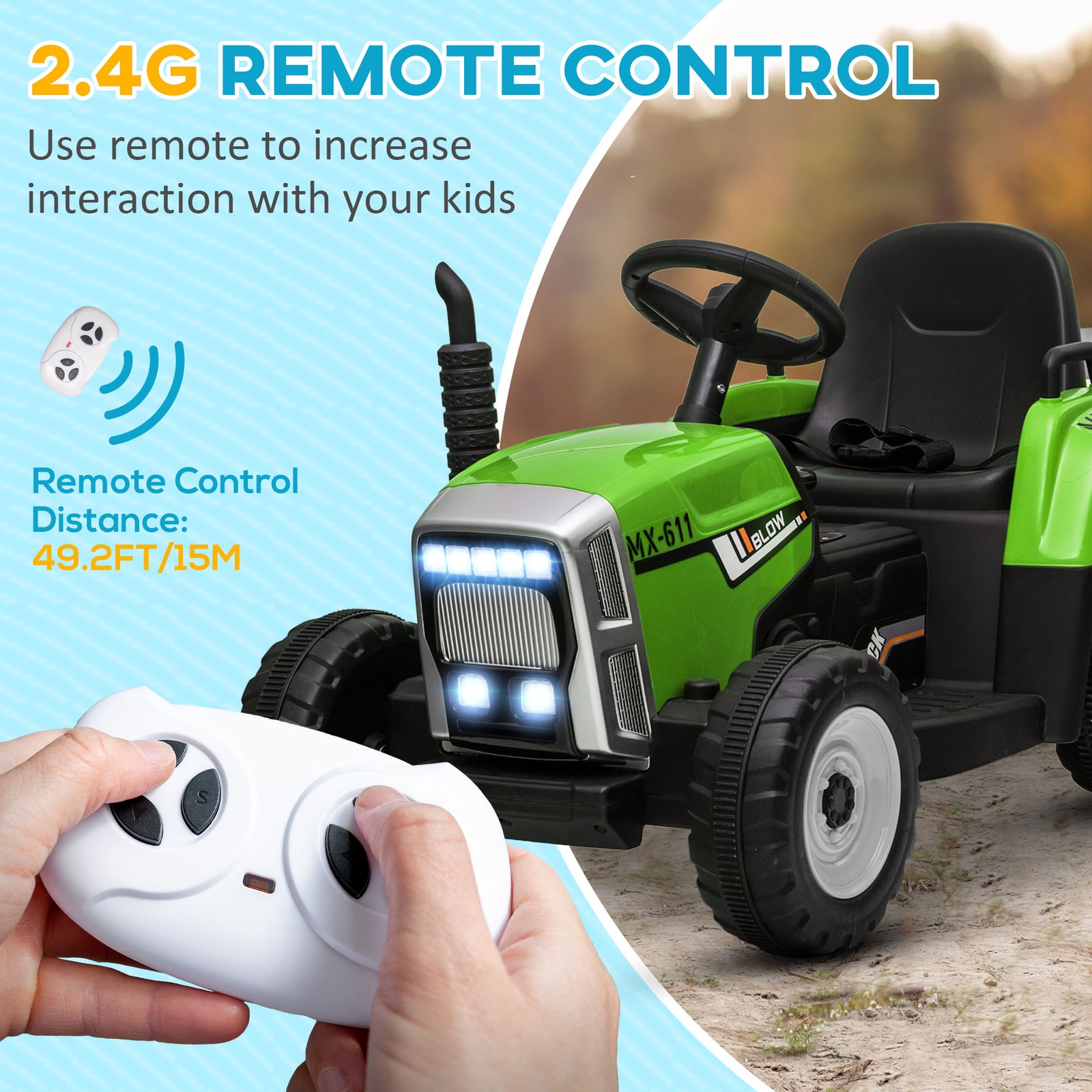 12V Electric Ride on Tractor with Trailer, 25W Dual Motors, Green
