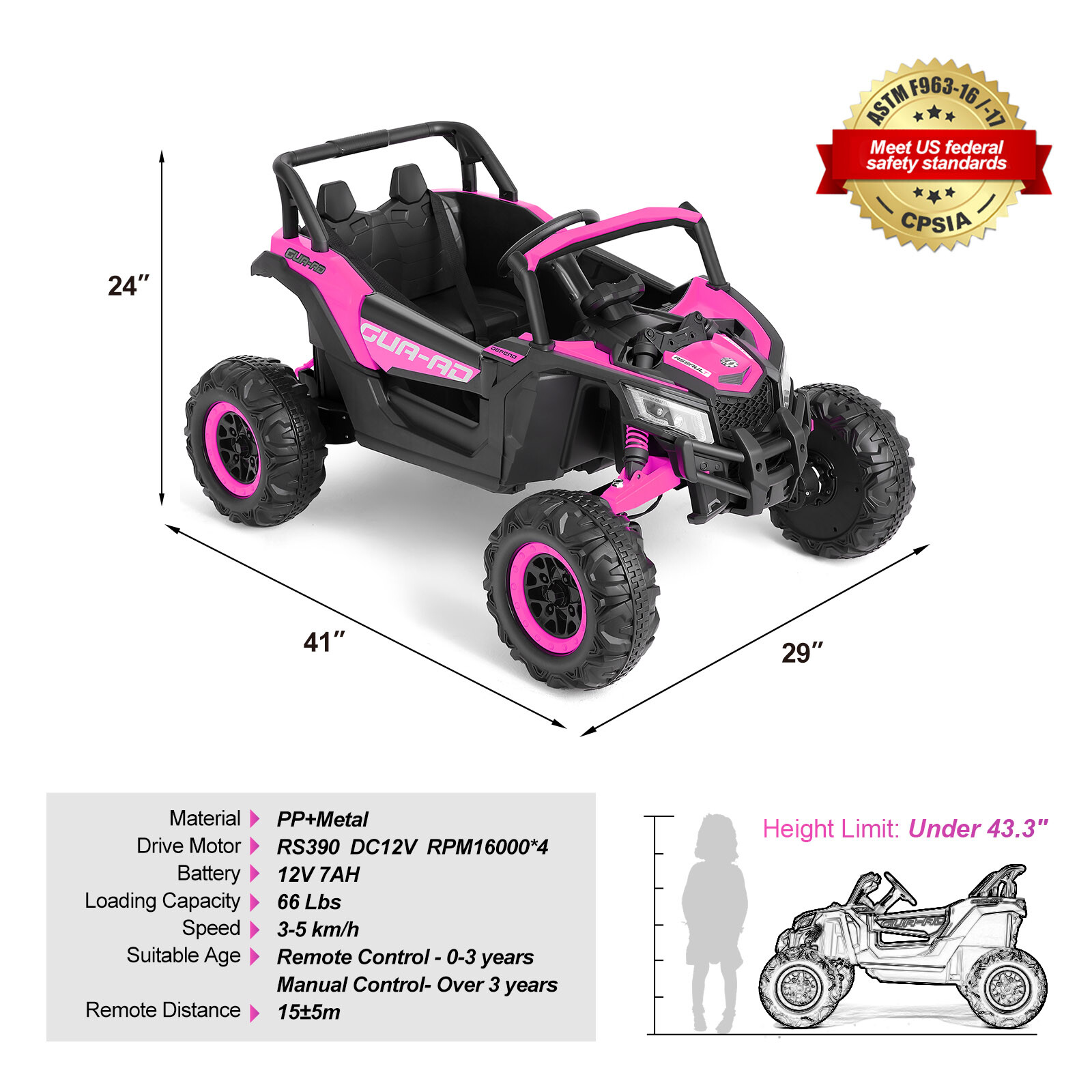 12V Kids Pink Ride On UTV Vehicle Electric Off-Road Car with Music, RC, LED