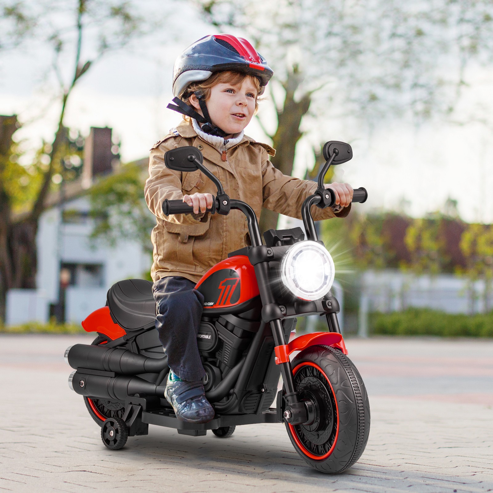 6V Kids Electric Motorcycle w/ Training Wheels LED Headlights Music Board Red