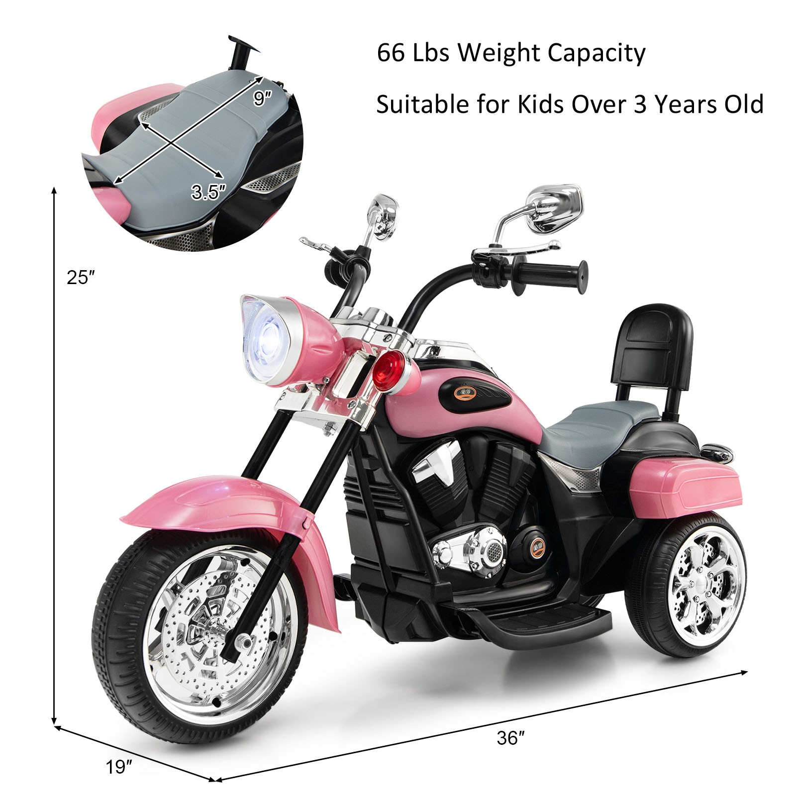 6V Kids Ride On Chopper Motorcycle 3 Wheel Trike with Headlight and Horn Pink