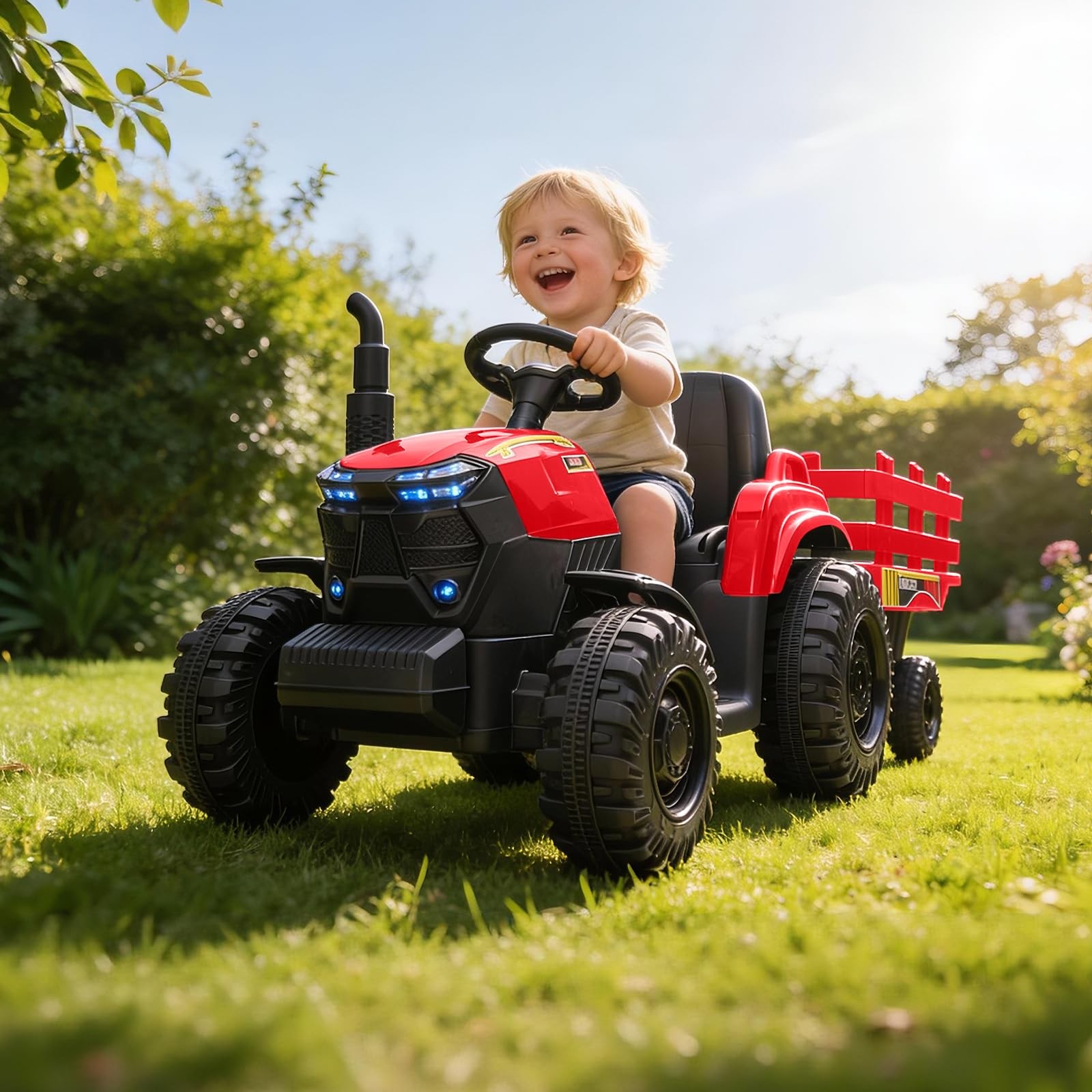 Tractor with Detachable Trailer Toddler Ride On Car/7-LED Headlight Electric 12V
