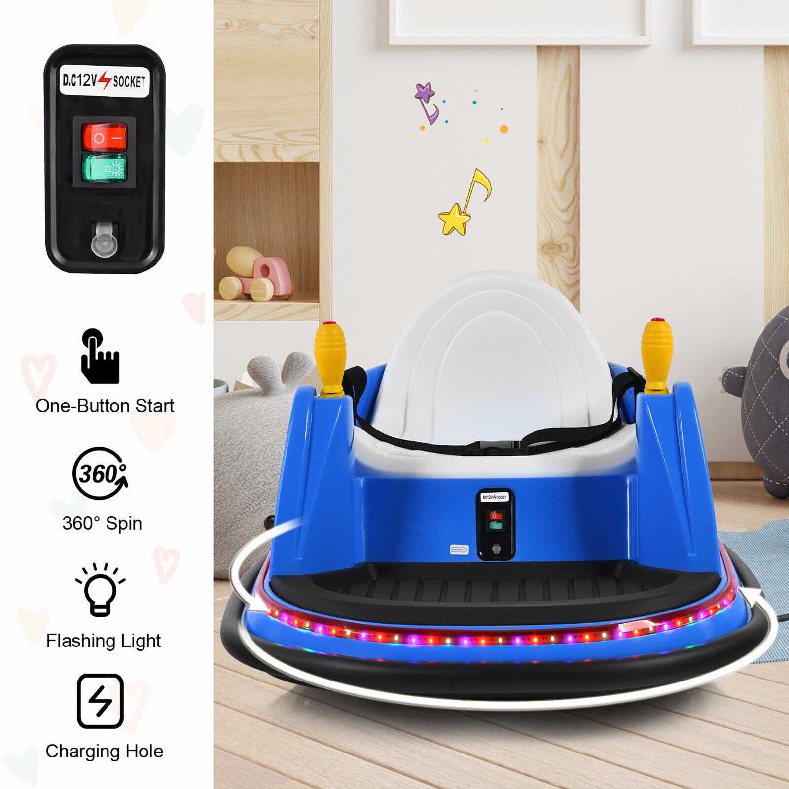 12V Vehicle 360° Spin Race Toy Kids Ride On Bumper Car w/Remote Control Blue