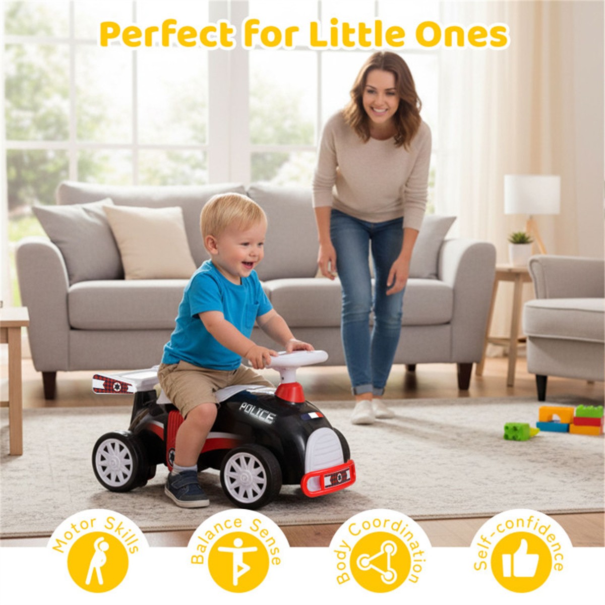 Toddler Ride On Sliding Car with Music Storage Seat for 1-3 Years Police Theme