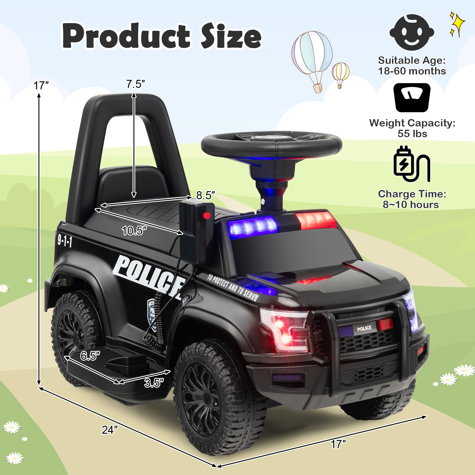 Kids Ride On Police Car 6V Battery Powered Electric Toy Vehicle w/Real Megaphone