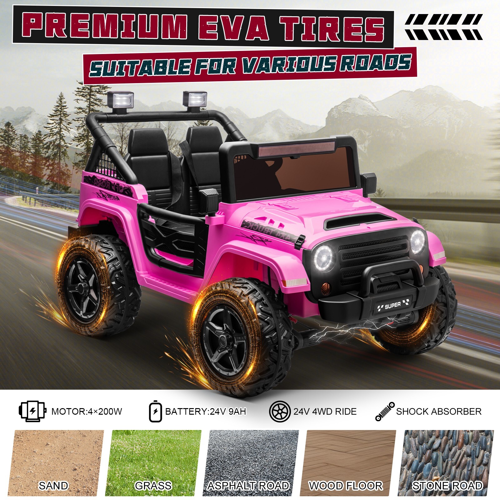 ZEOPHOL Kid Electric Ride On Truck Car 24V 9AH Battery Power Car 4WD/2WD Purple