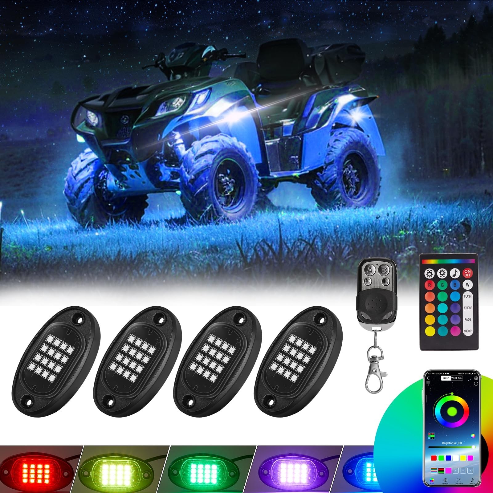 4 Pods RGB LED Rock Lights for ATV UTV Golf Cart Truck RZR Offroad SUV, Water…