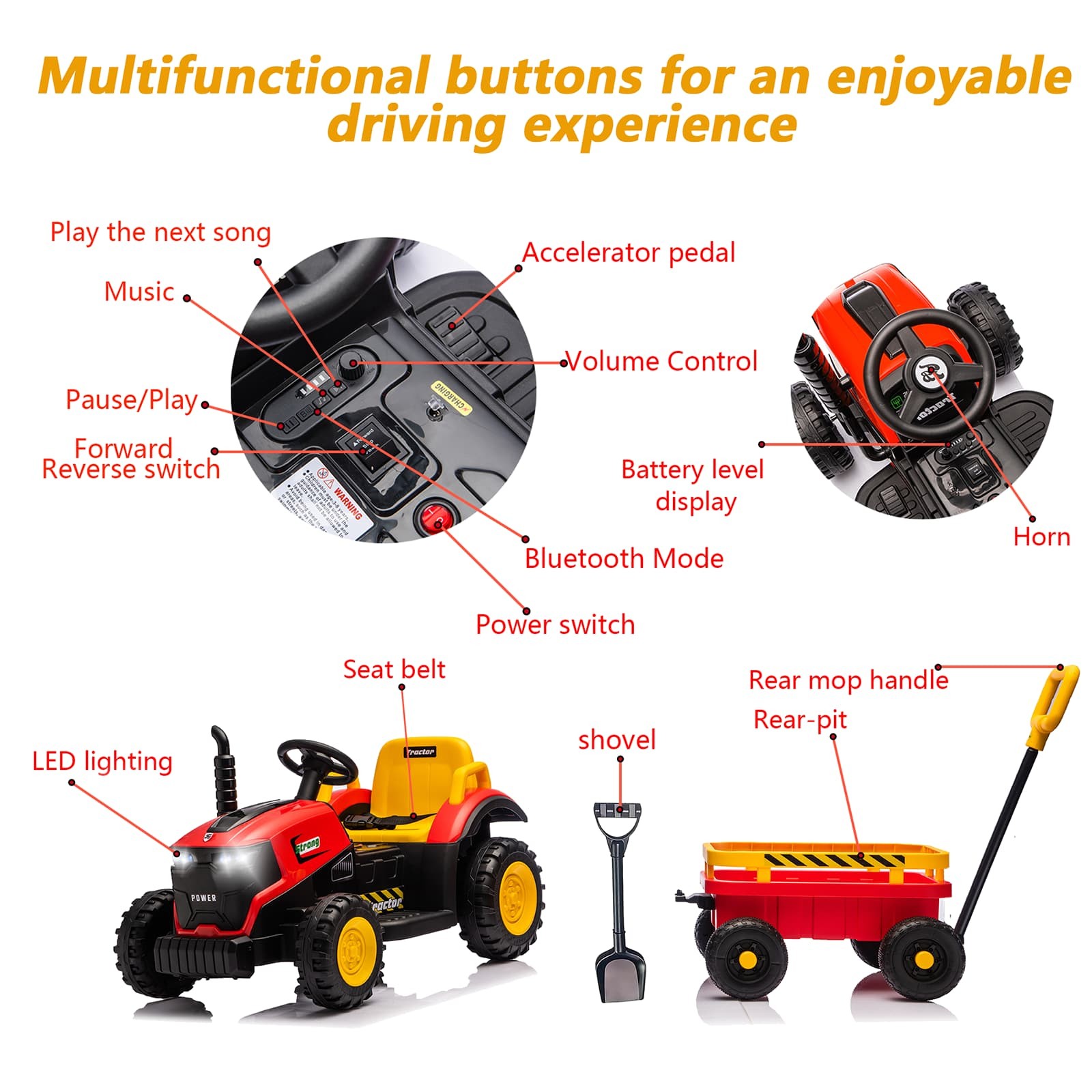 Kids Electric Farm Tractor Ride On Car 12V with Trailer Lights Music Age 3-6