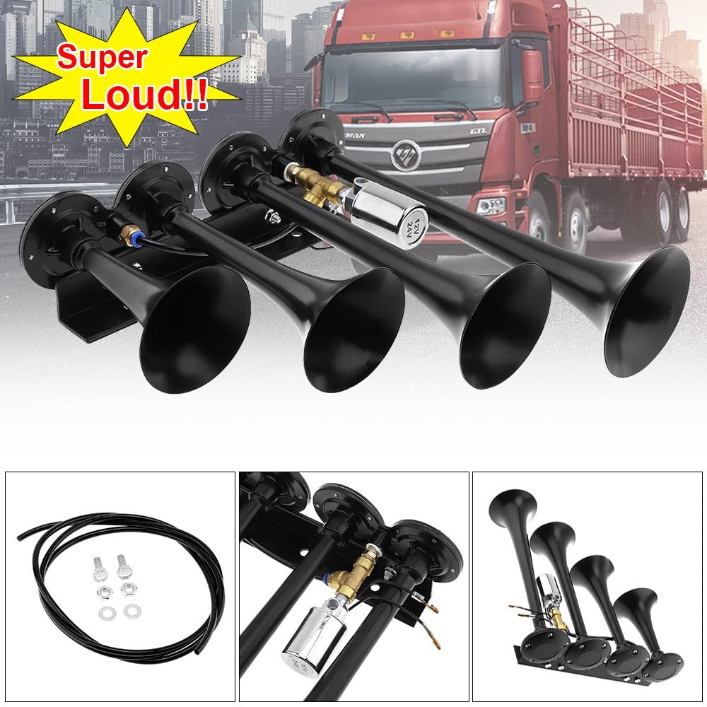 12V / 24V Truck Train Air Horn, 185dB Super Loud Four Trumpet Air Horn for Ca…