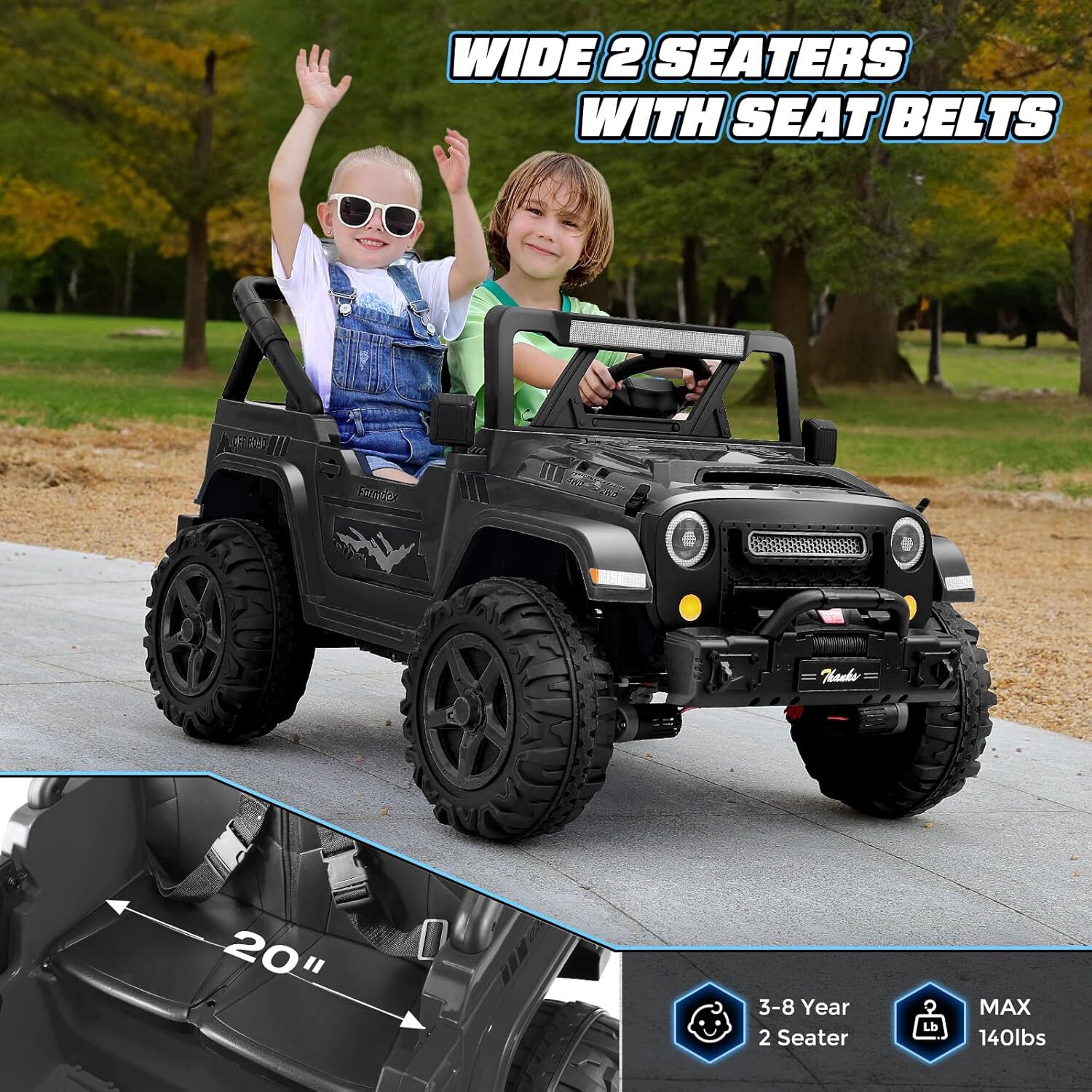 2 Seater 24V Ride On Jeep for Kids, 4x200W Motors, Suspension, White