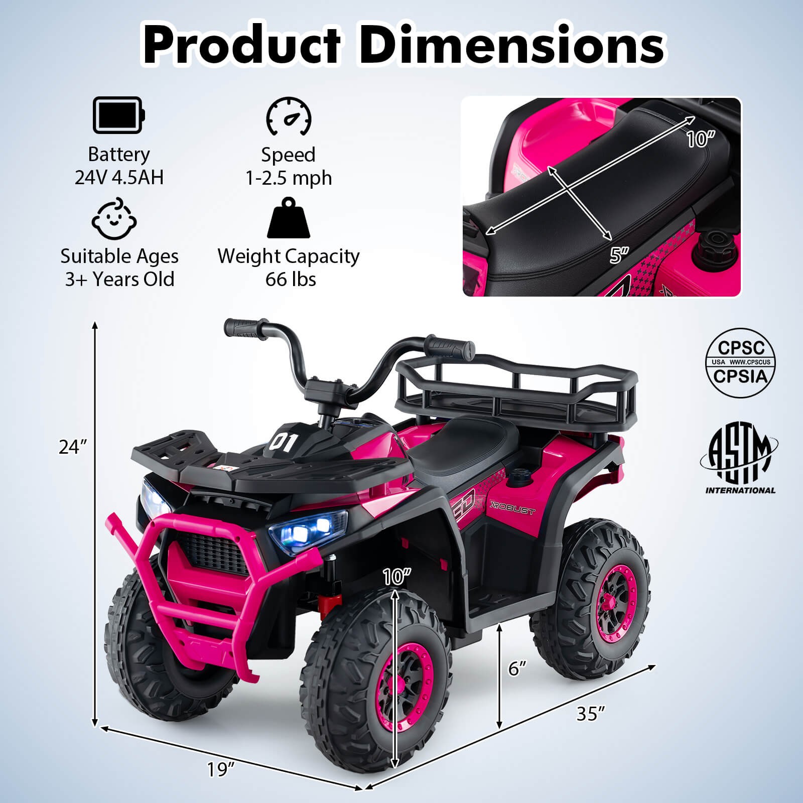 24V Kids Ride on Electric ATV Car Toy w/ Spring Suspension & LED Lights USB