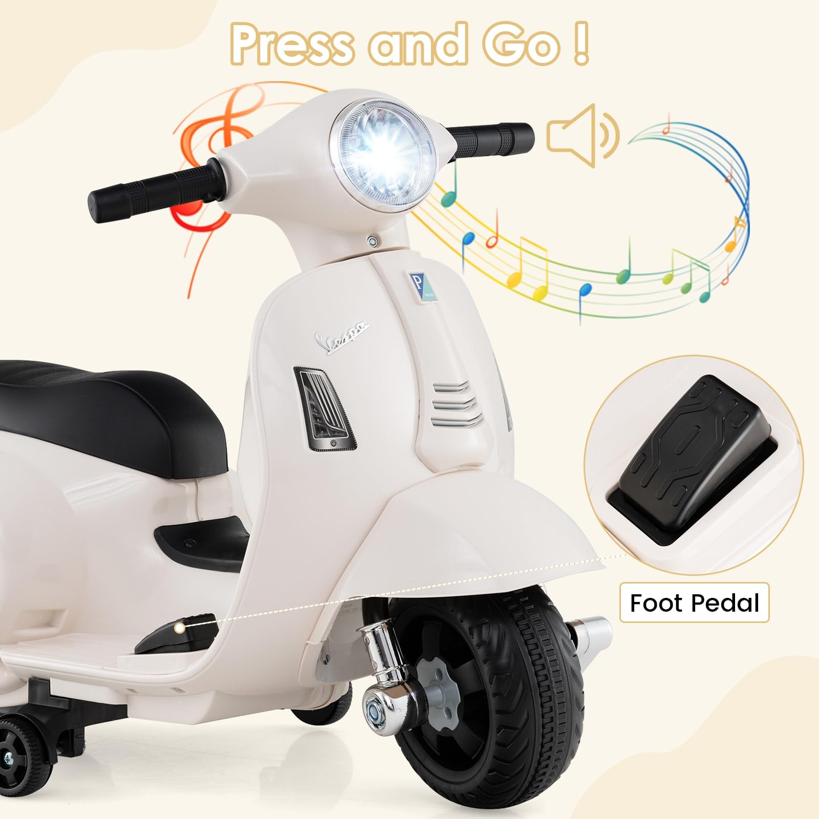 Licensed Vespa Scooter Kids Motorcycle by OLAKIDS, 6V Ride on Electric Motorc…