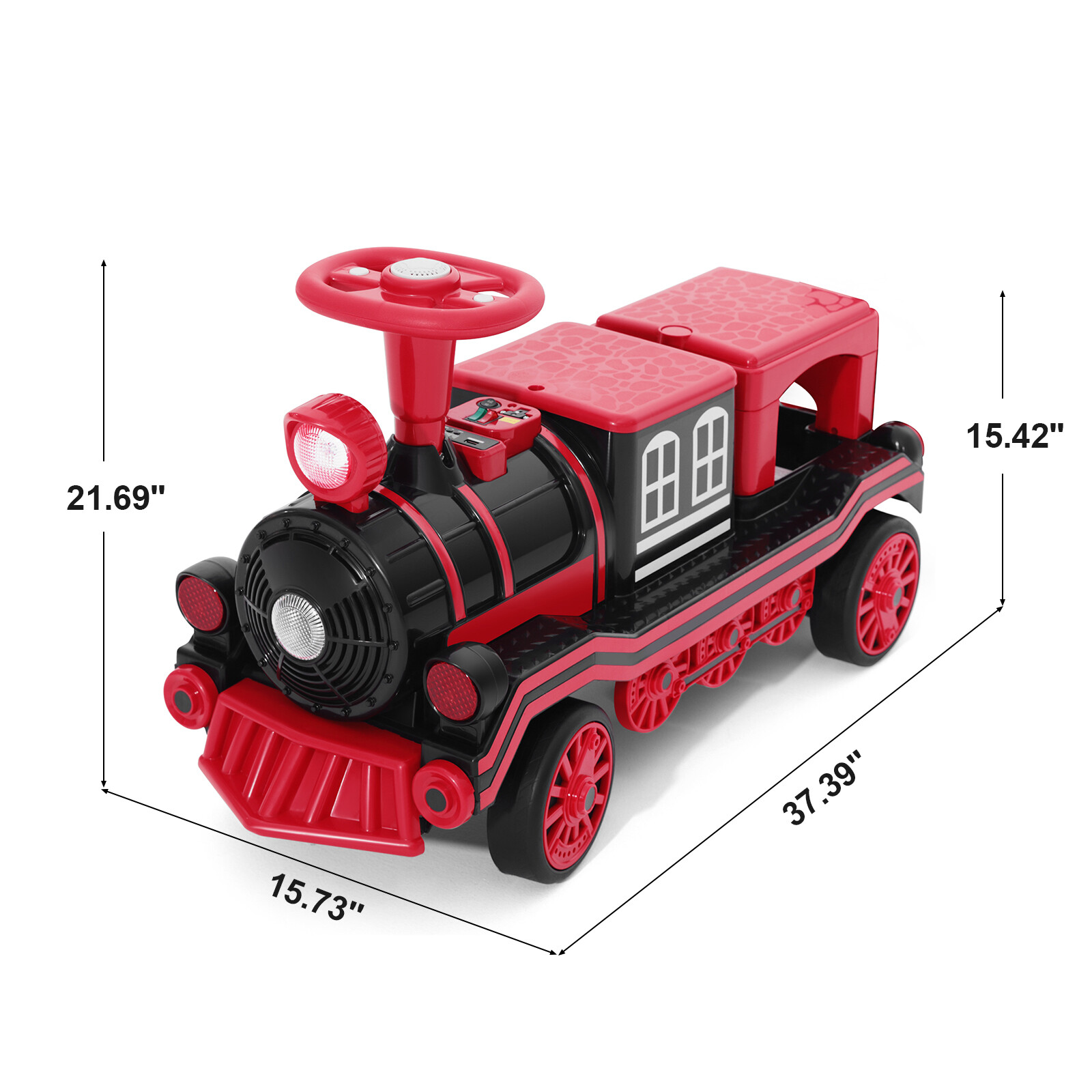 Large 2-Seater Red 12V Battery Kids Ride On Train w/2 Speed,Music,Lights,Storage