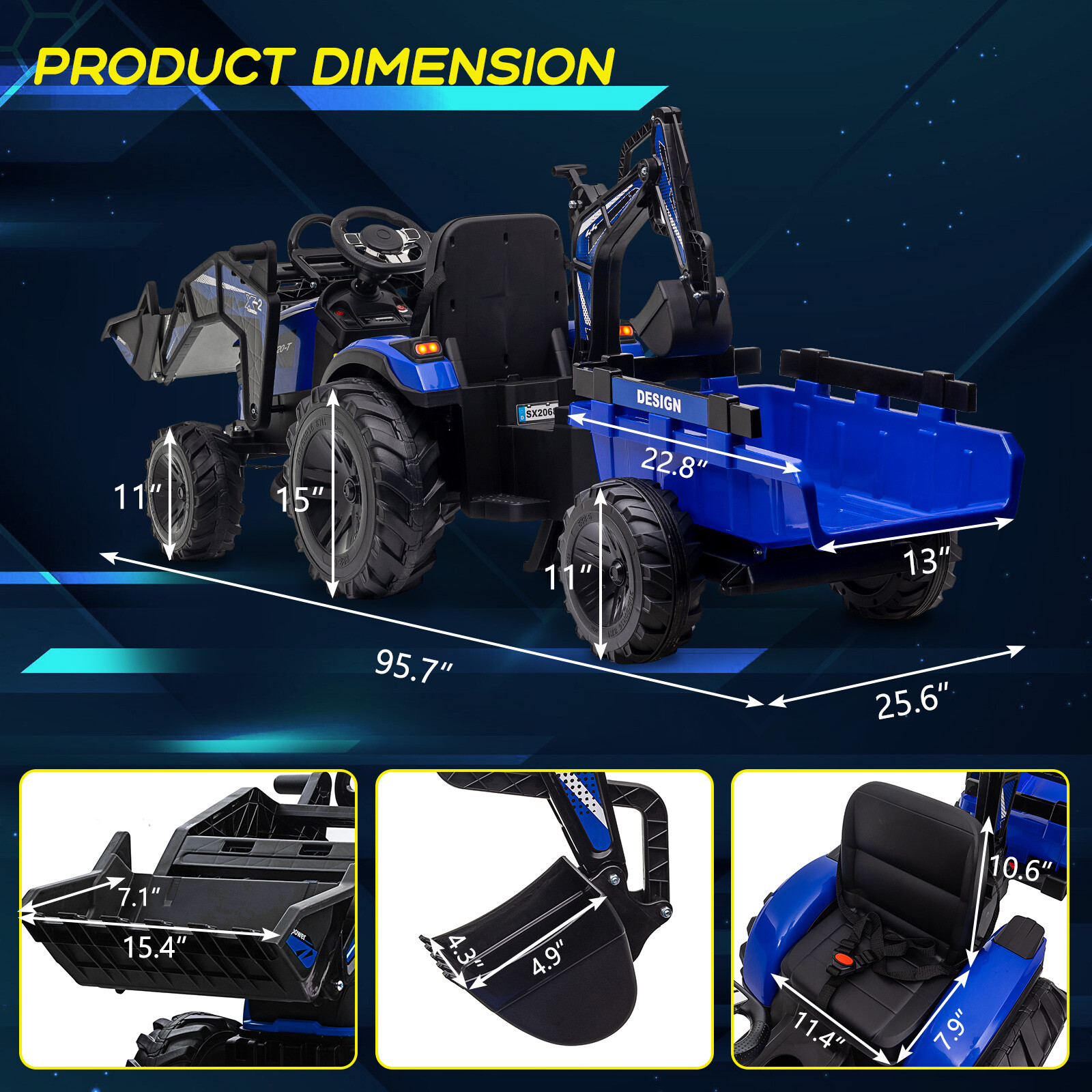 24V Electric Vehicles w/Trailer 3 in 1 Kids Ride On Tractor, Bulldozer & Excavat