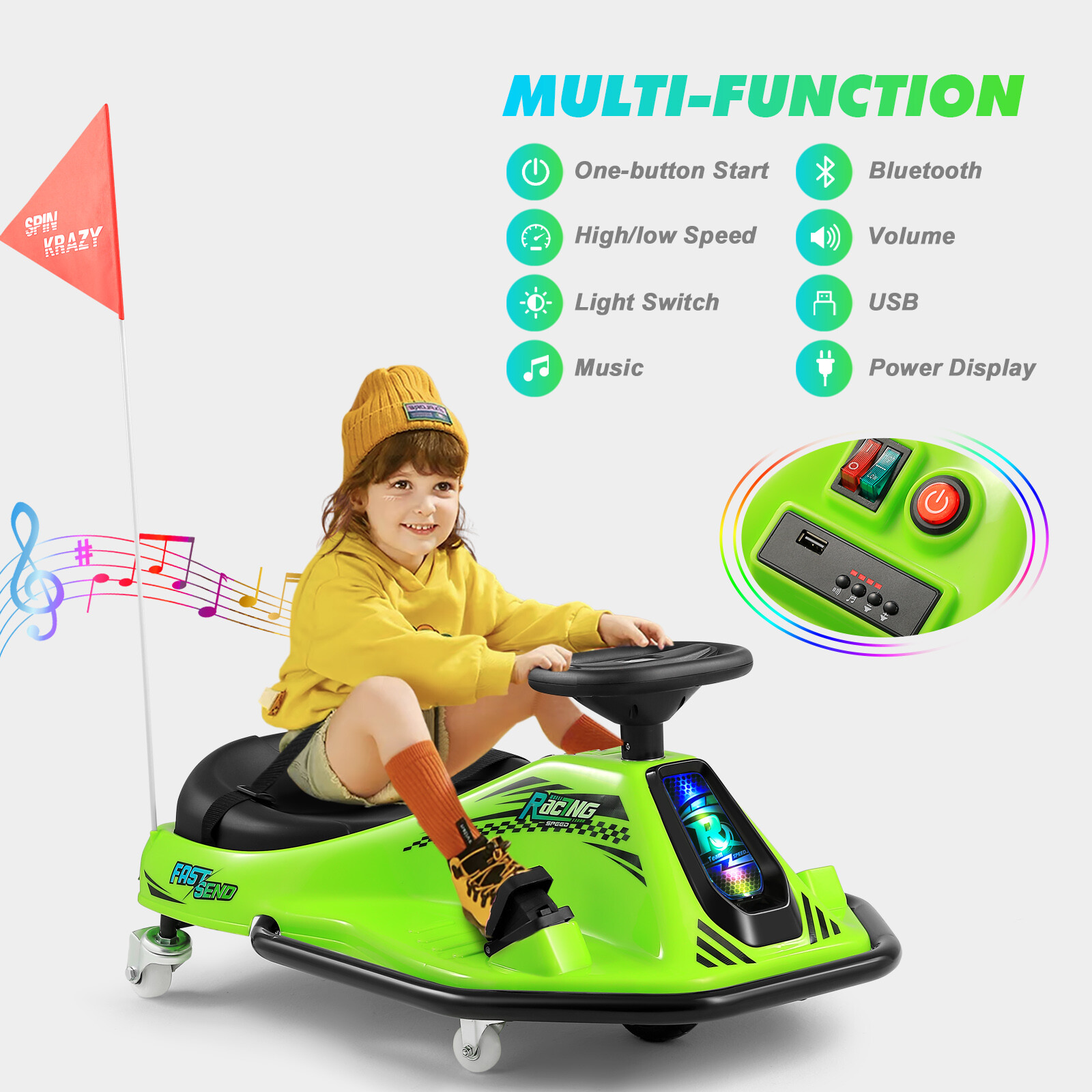 360° 24V Kids Electric Drifting Go Kart Ride On Cart with Bluetooth (Green)