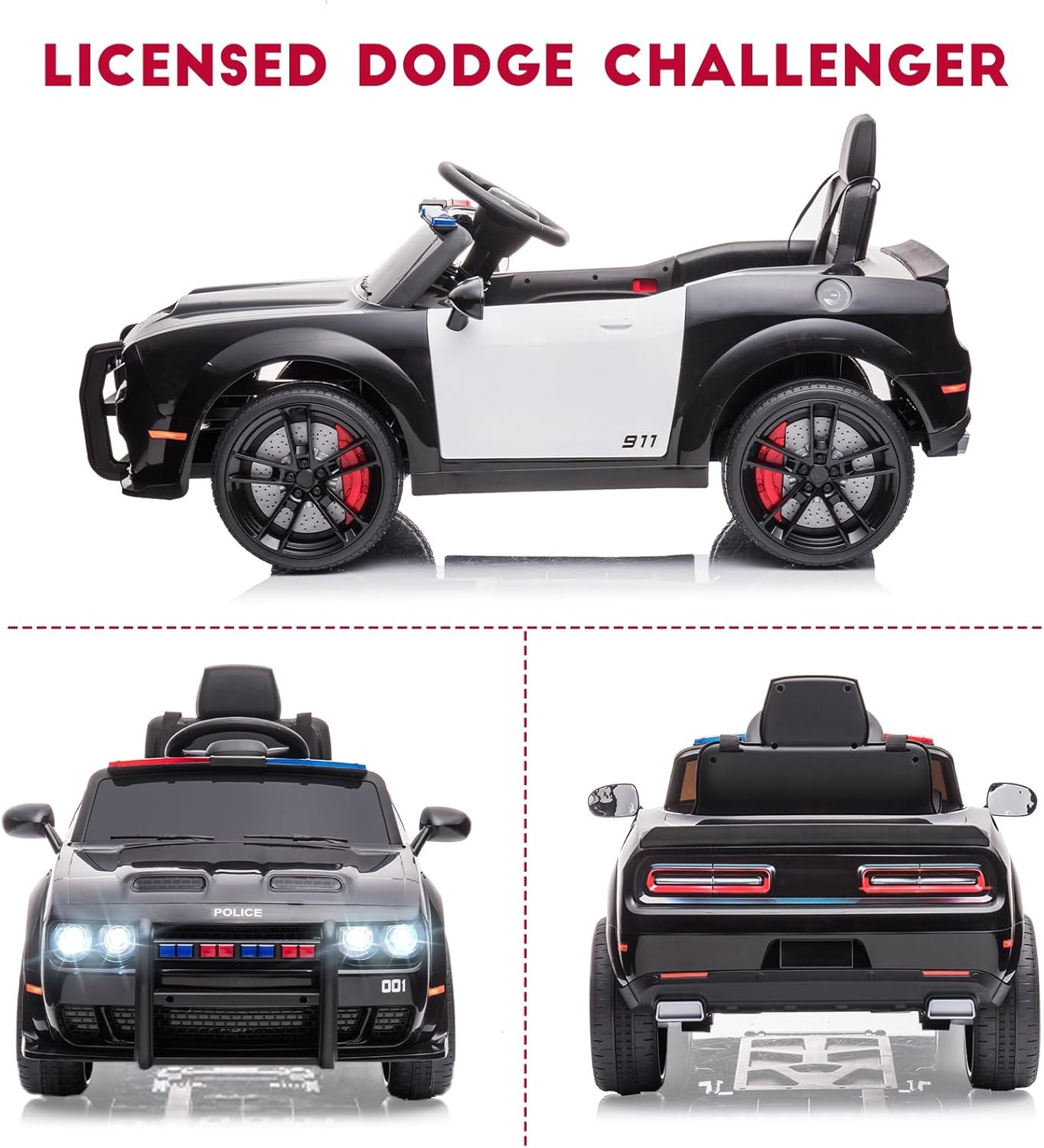 12V Ride-On Police Car Dodge Licensed, Remote Control, 3 Speeds, MP3,Safe Design