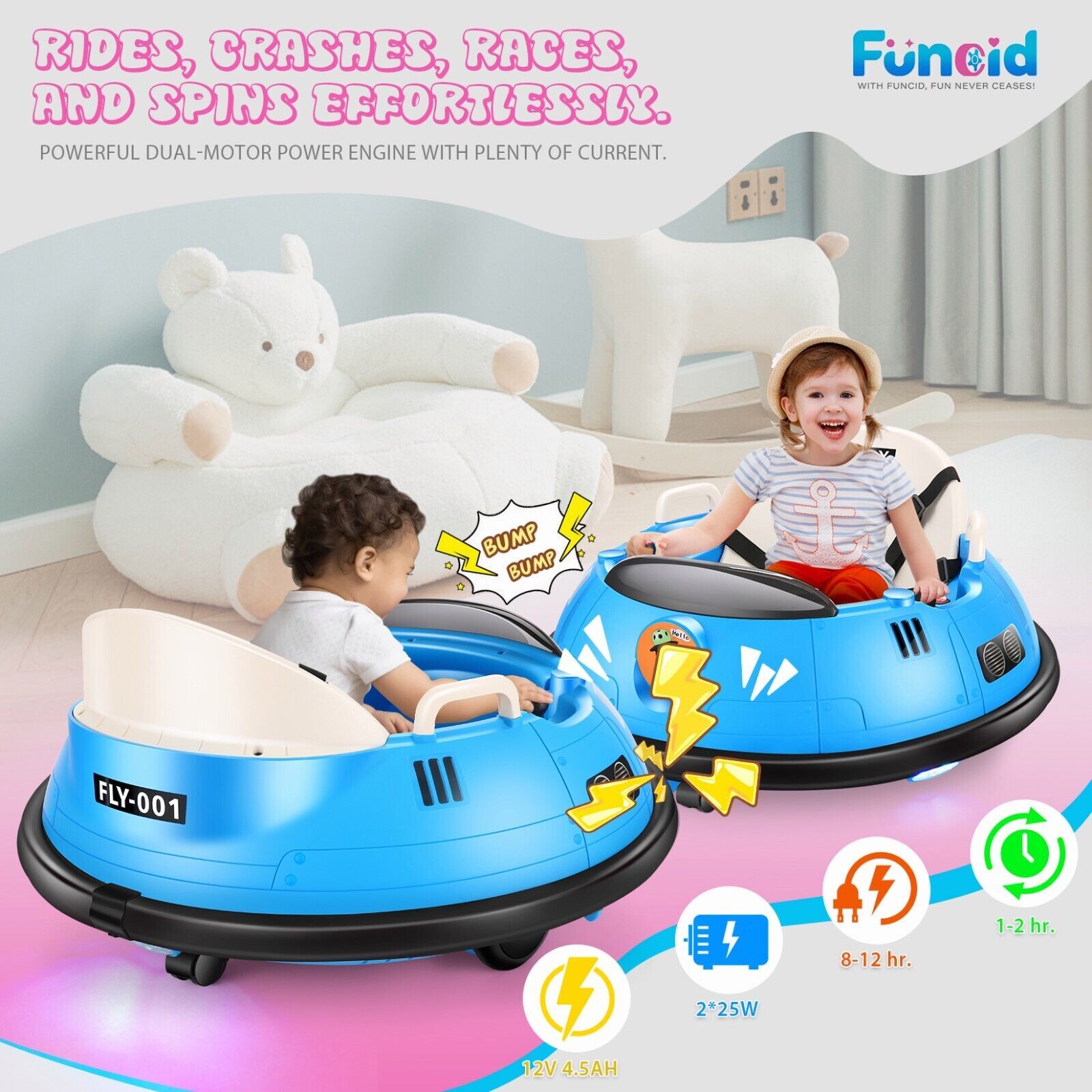 12V Electric Ride On Bumper Car w/Remote Control,LED Lights for 1.5-5 Years Old
