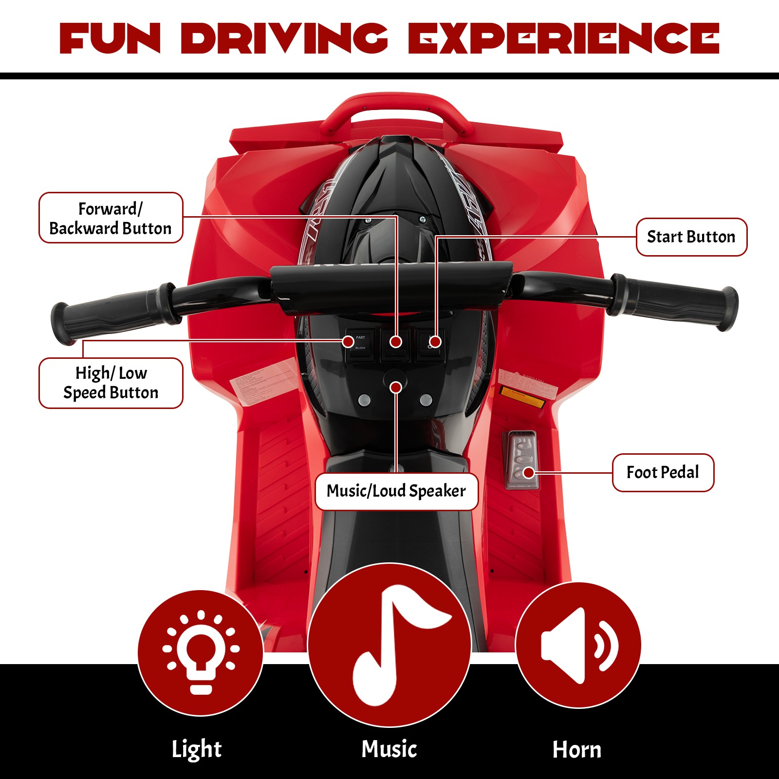 12V Battery Powered Kids Ride-on ATV w/ Bright Headlights & Built-in Music Red