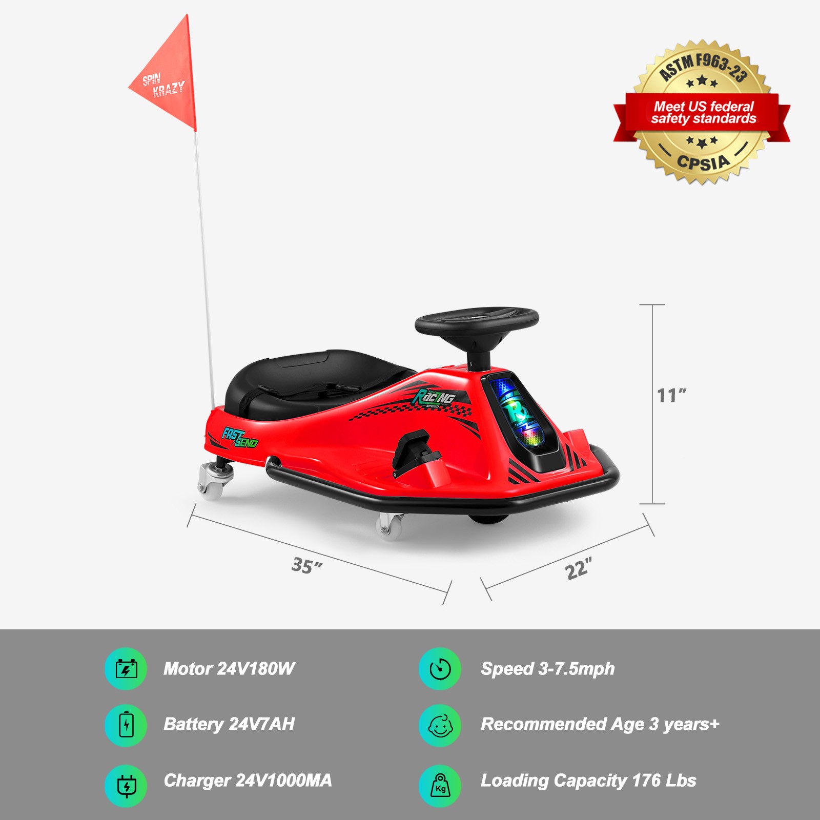 24V Kids Red Drifting Go Kart 360° Ride On Cart with Bluetooth