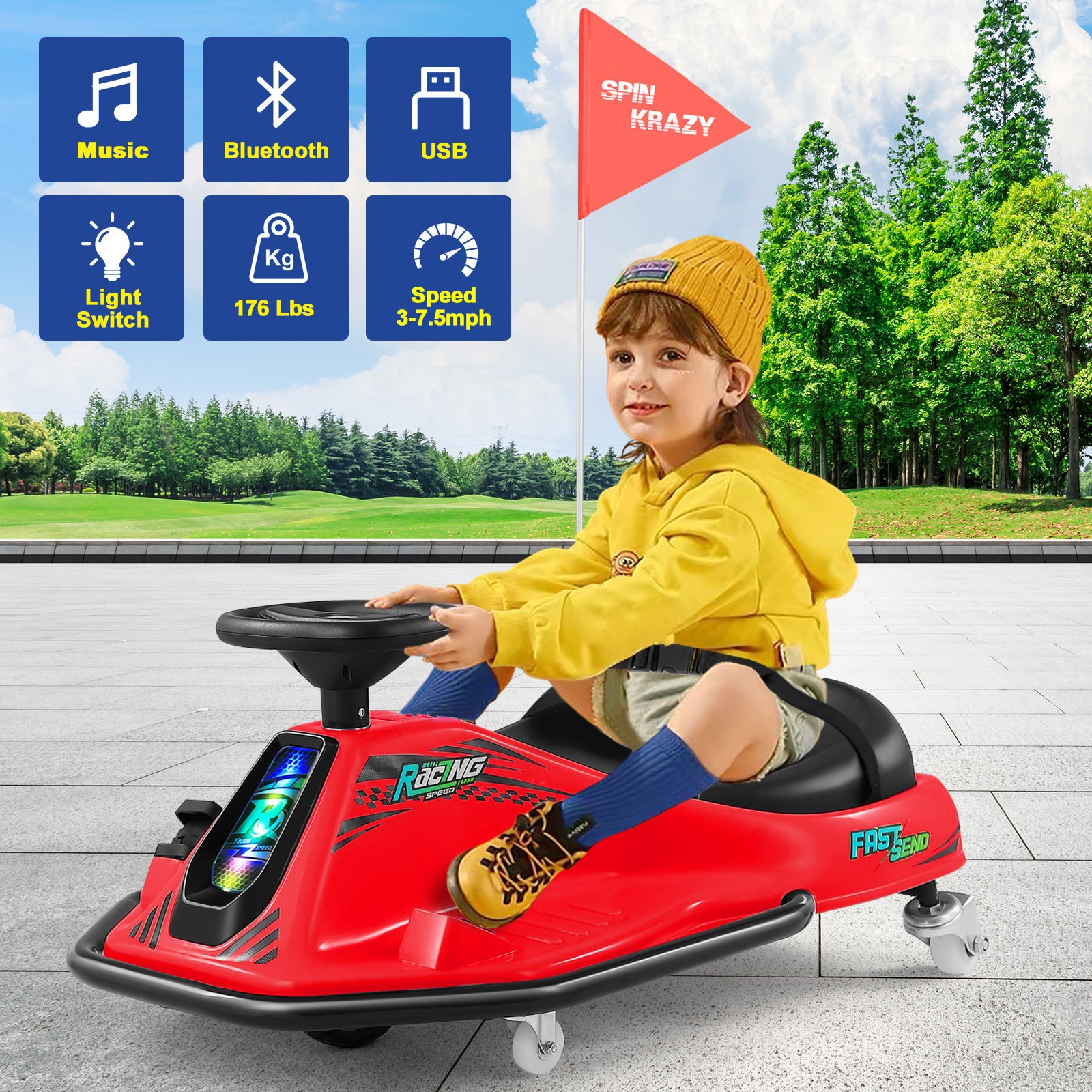 Red 24V Powered Kids Electric Drift Go Kart Ride On Car with Music,USB,Bluetooth