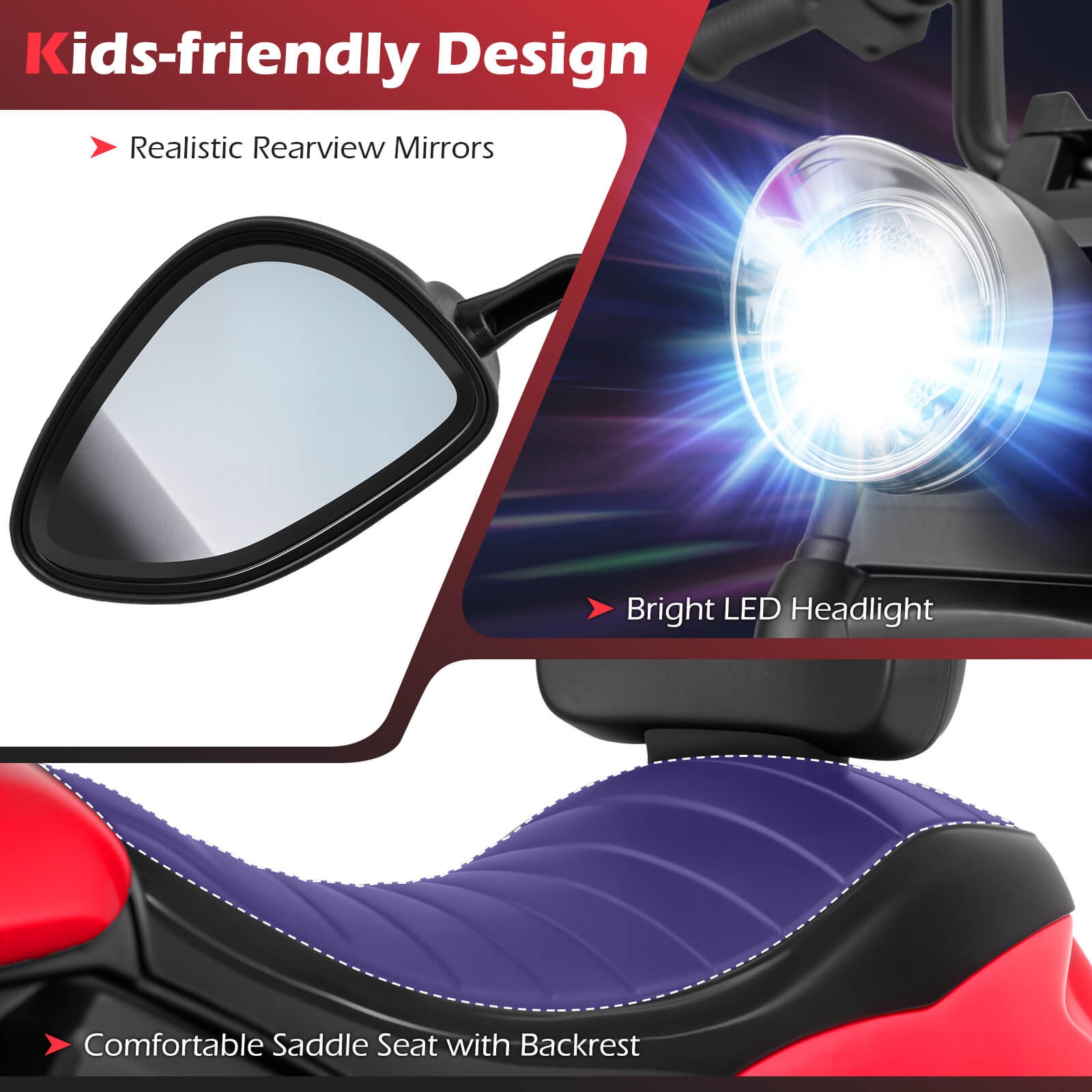 Kids Motorcycle w/Headlight, Music, Training Wheels, Foot Pedal for Boys Girls