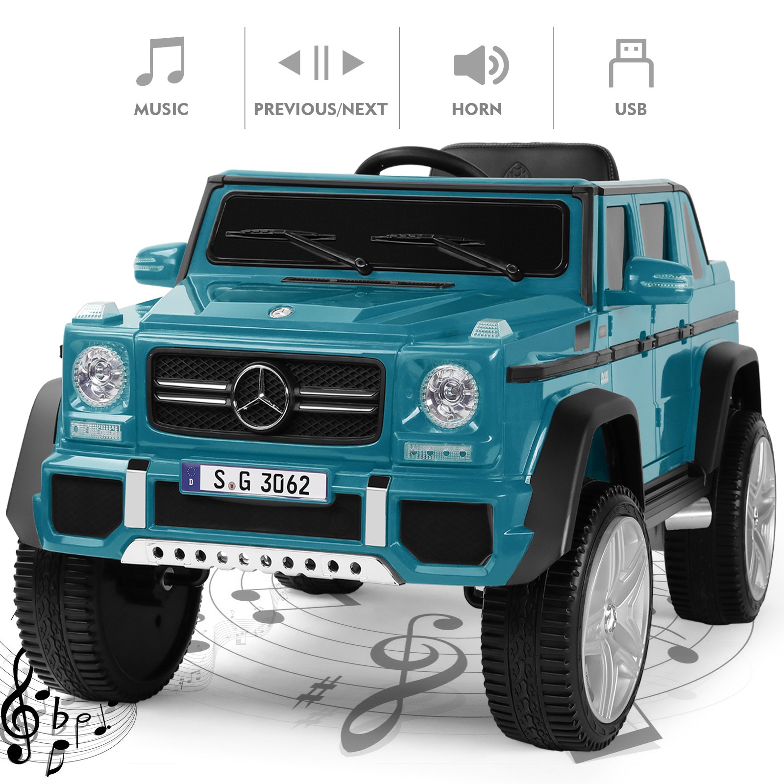 Mercedes-Benz 12V Electric Kids Blue Ride On Car with LED Lights, Music, RC