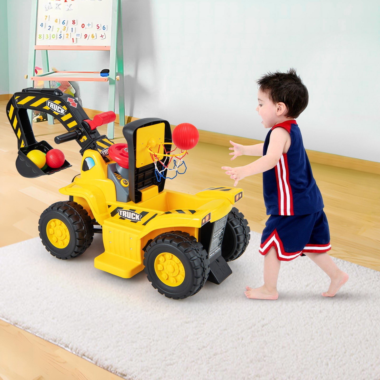 6V Electric Kids Ride On Excavator Pretend Play Toy Tractor w/ Basketball Hoop