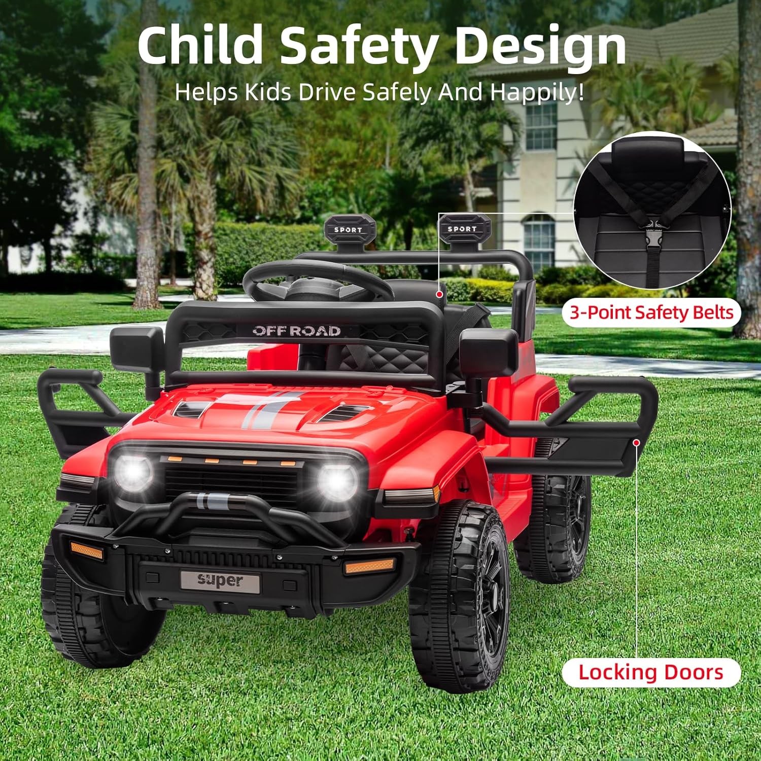 12V Kids Ride On Truck w/ Remote, 2 Speeds, Spring Suspension, LED Lights – Red