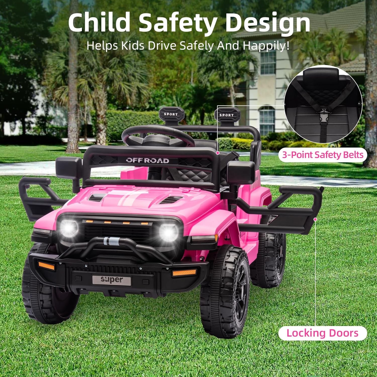 12V Kids Ride On Truck w/ Remote, 2 Speeds, Spring Suspension, LED Lights – Pink