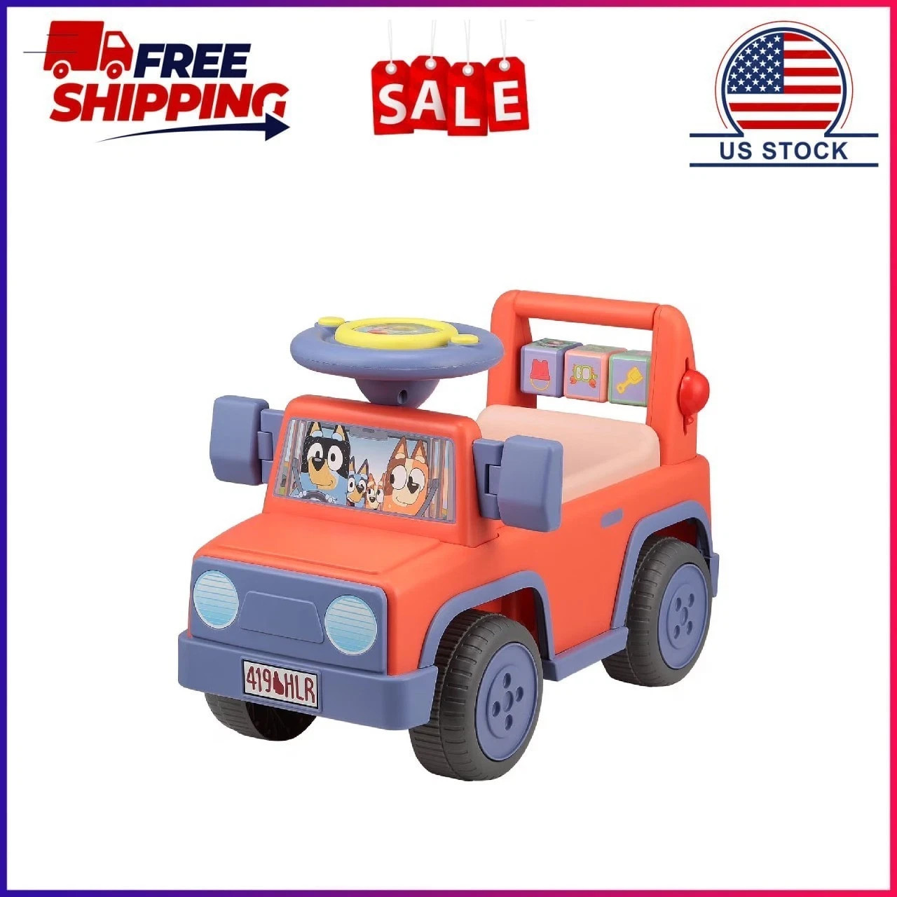 Bluey Licensed Interactive Ride-On Push Car for Boys and Girls, Foot-to-Floor, A