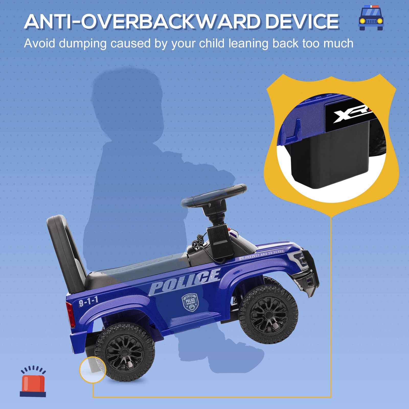 Kids Push Ride On Police Car W/ Horn, for 18 Months – 5 Years Old, Blue