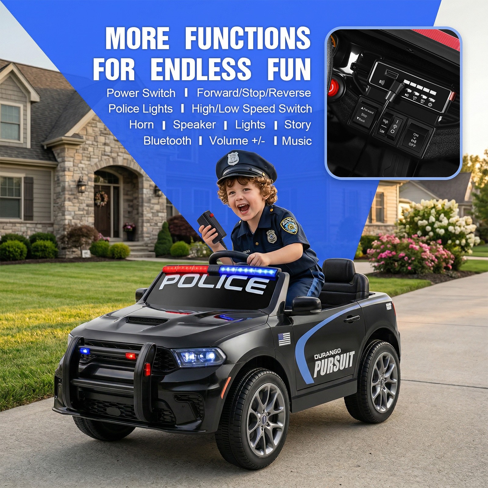 12V Battery Kids Ride On Police Car Dodge Durango SUV Music,LED,Bluetooth,Remote