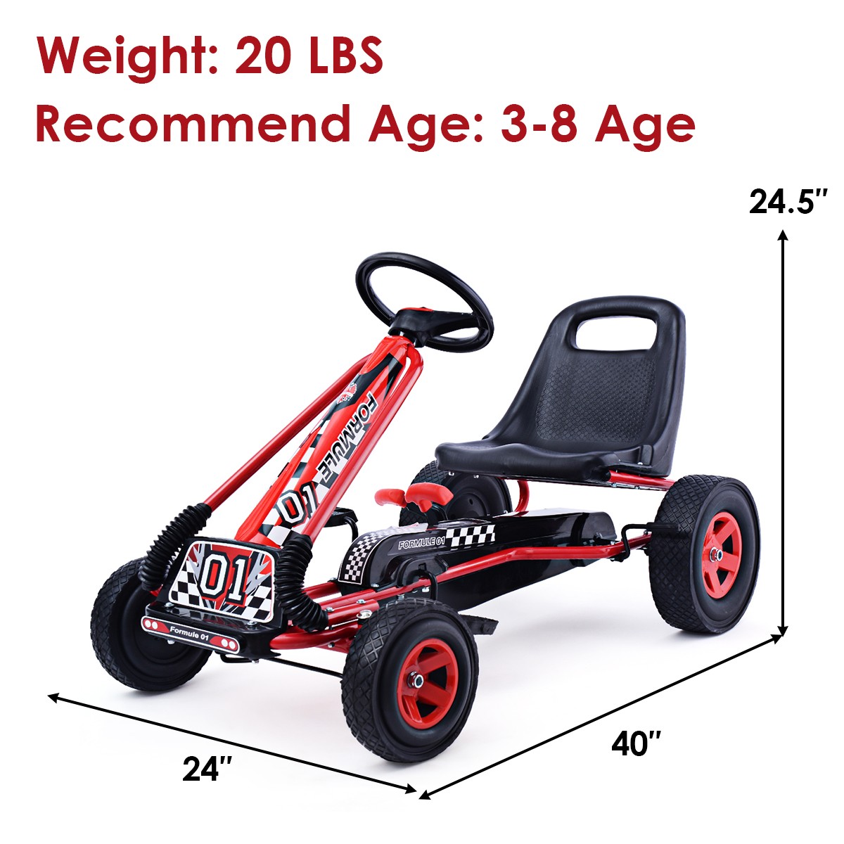 Honeyjoy Go Kart 4 Wheel Pedal Powered Kids Ride On Toy w/ Adjustable Seat Red