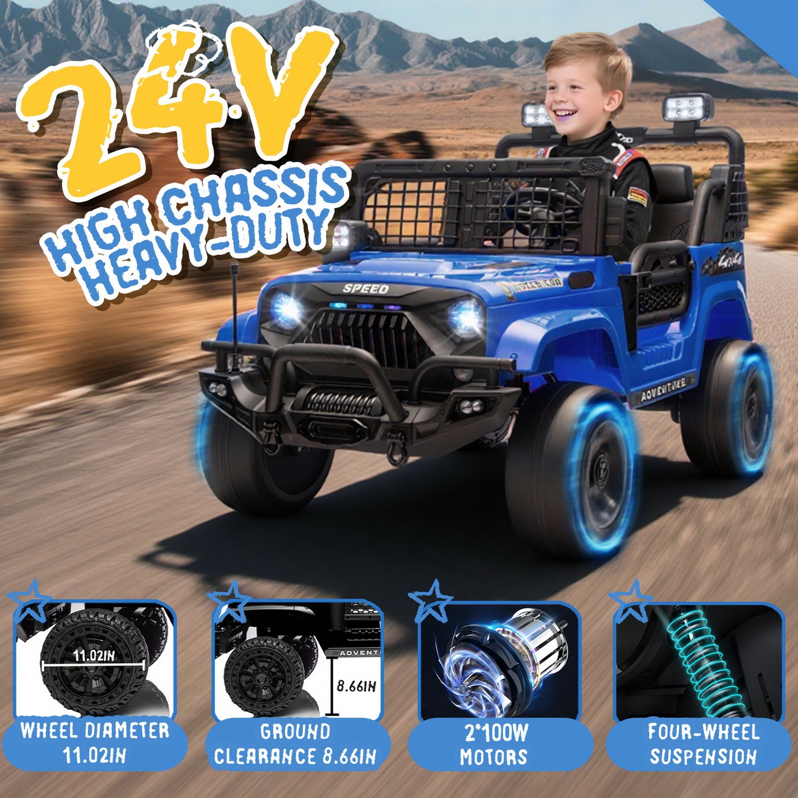 Dual Motors 24V 2-Seater Off-Road Ride On Jeep Car Toy Parent Control LED Music