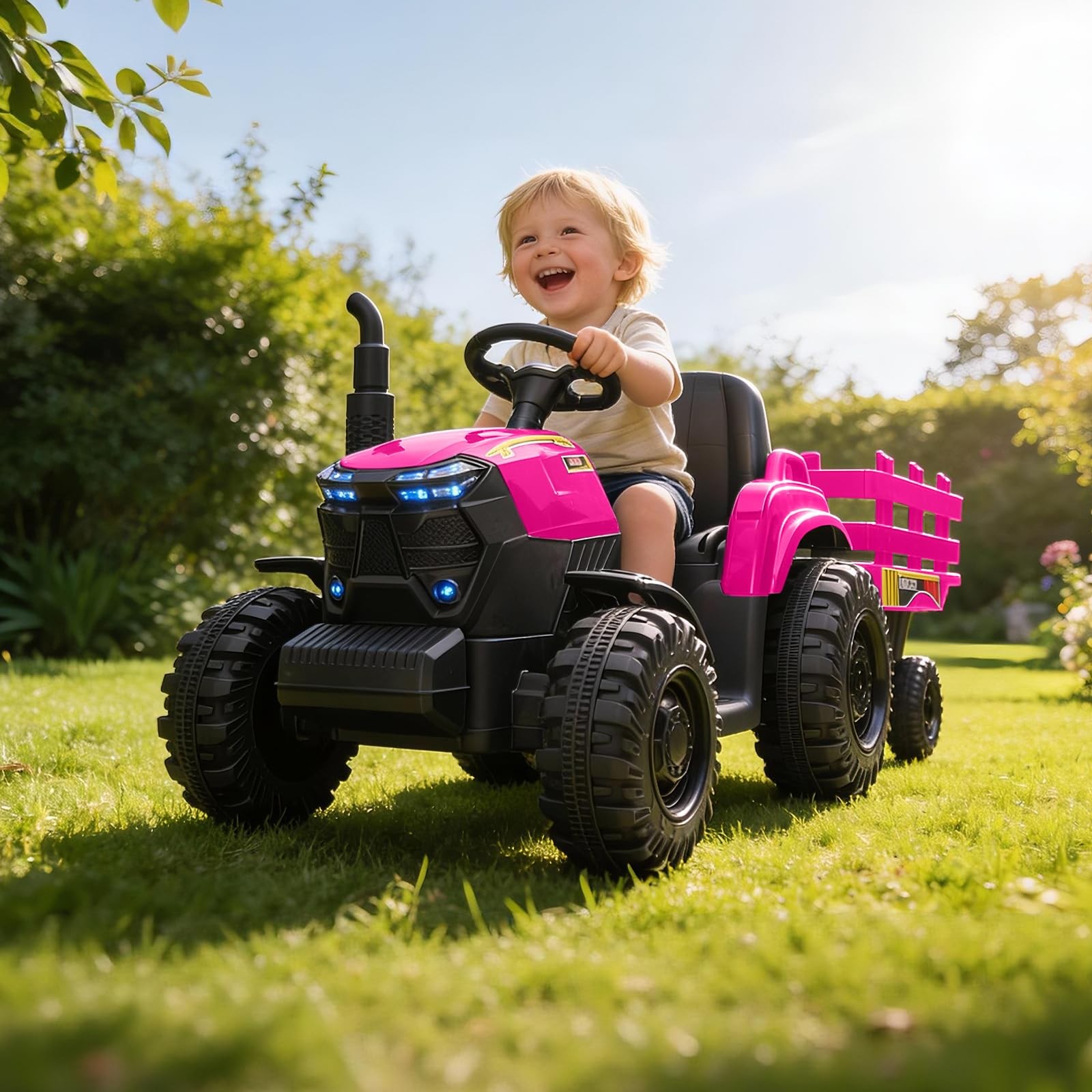 12V Electric Tractor with Detachable Trailer, Toddler Ride On Car/7-LED Headligh