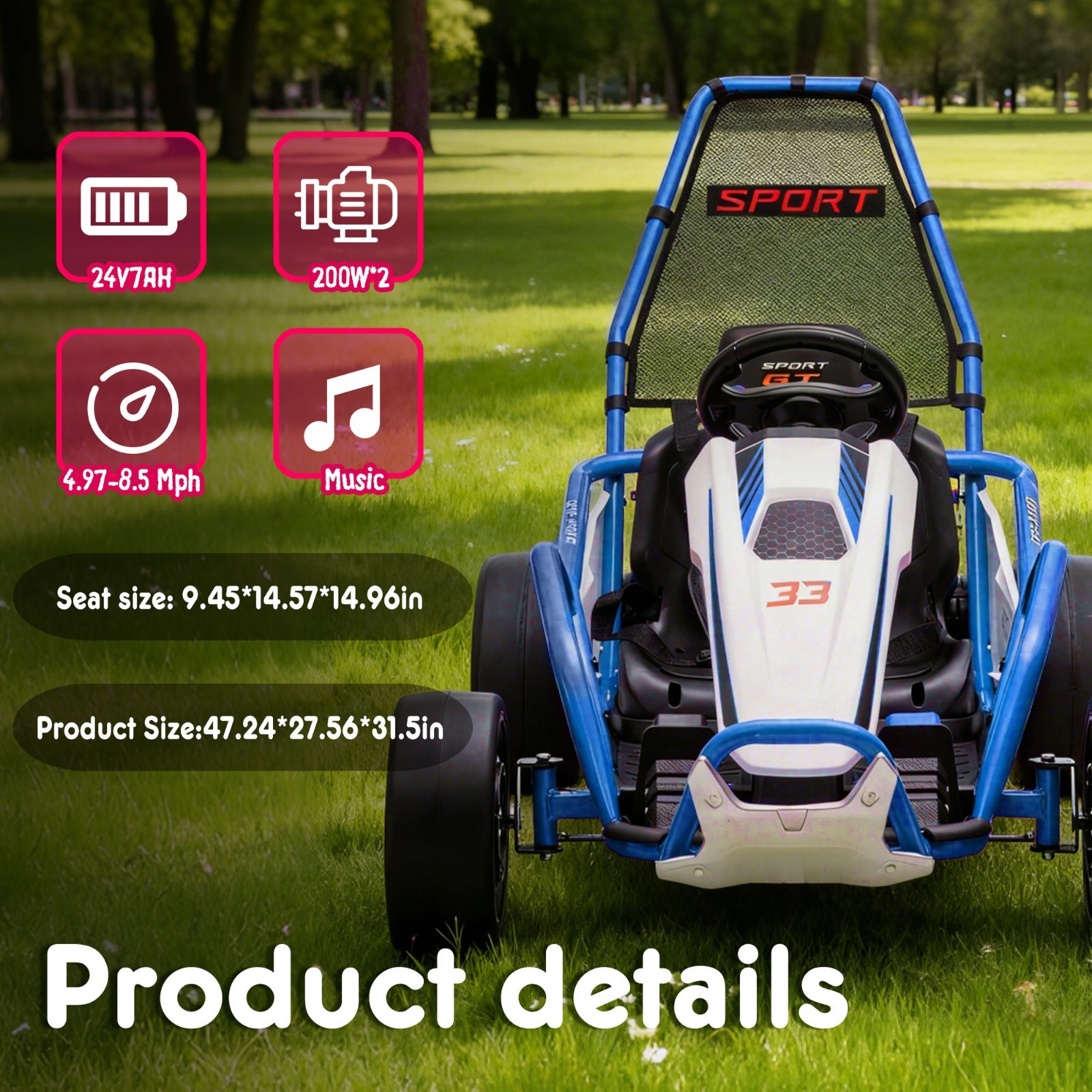 24V Kids Electric Go Kart 7AH Electric Drift Kart Car for Age 6+,400W Motor,Blue