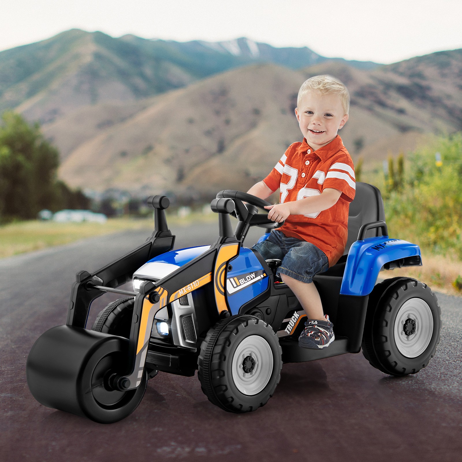 Kids Ride On Road Roller 12V Electric Tractor Remote w/ Music & LED Light