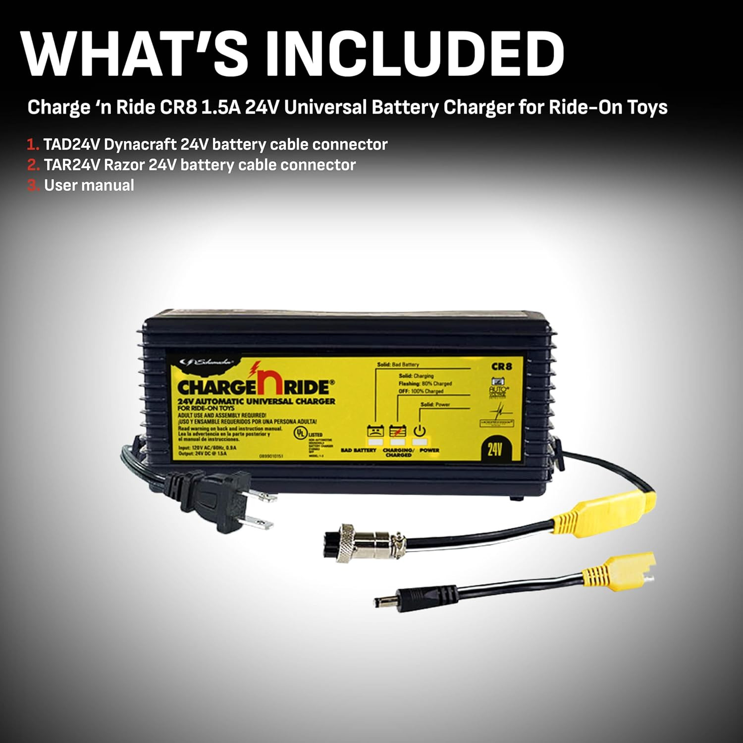 24 Volt Universal Battery Charger for Ride on Toys – Charge ‘N Ride CR8-1.5 Amp,