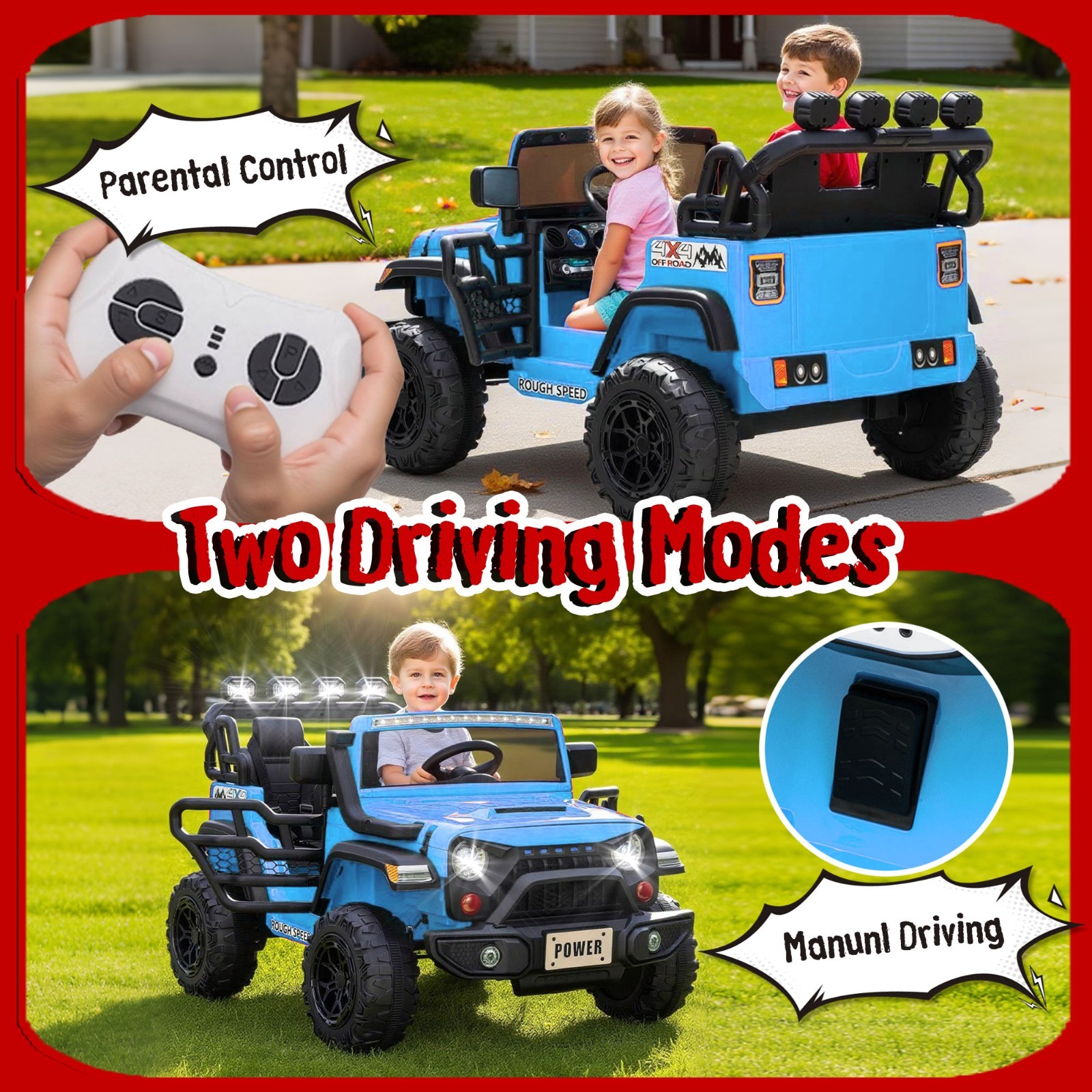 24V 2 Seater Electric Car Ride on Truck for Kids w/Remote,Power Wheels Jeep,Blue