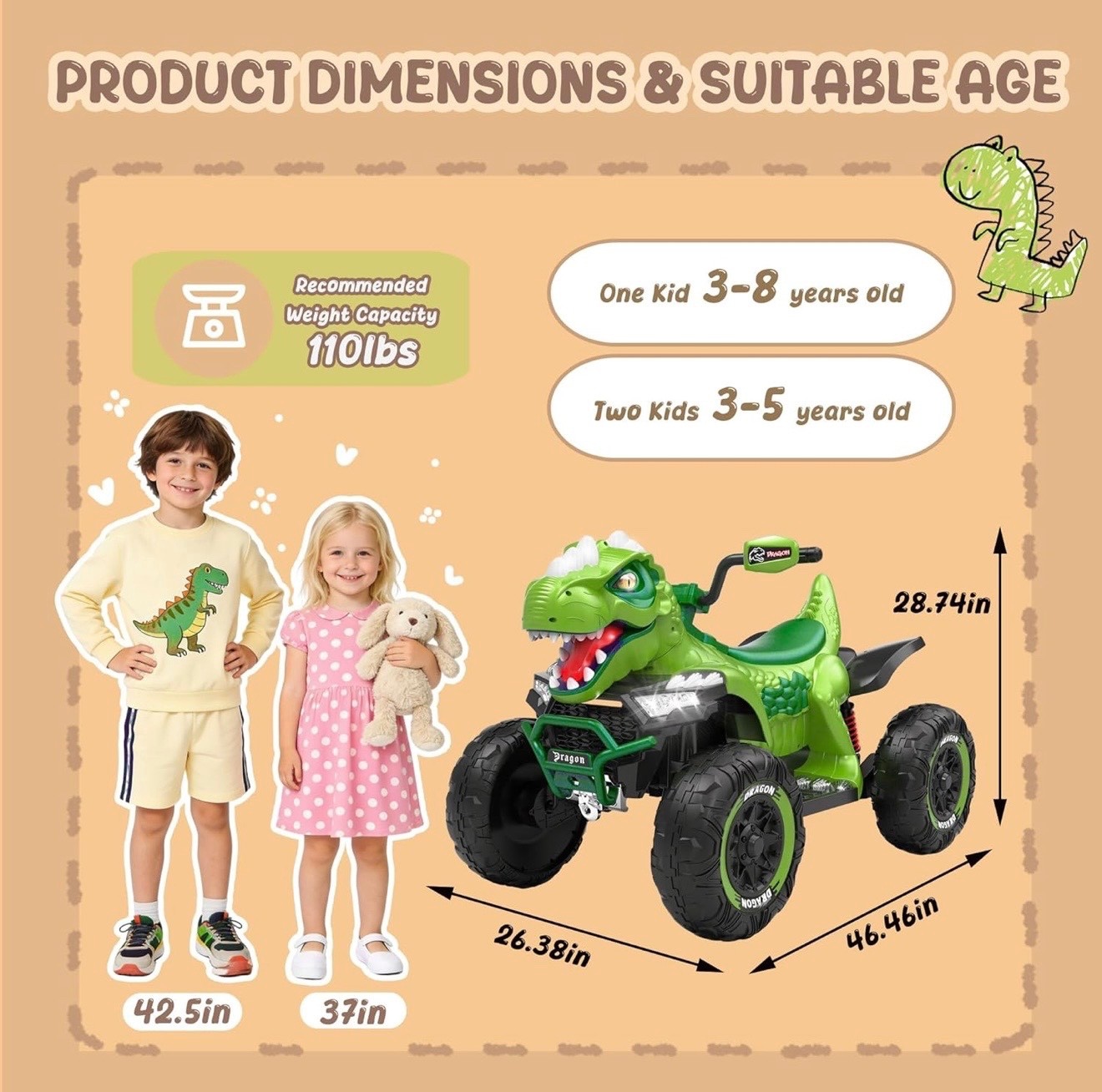 24V Dinosaur Ride On ATV for Kids, Electric 4 Big Wheel Car w/ MUSIC,BT and LED