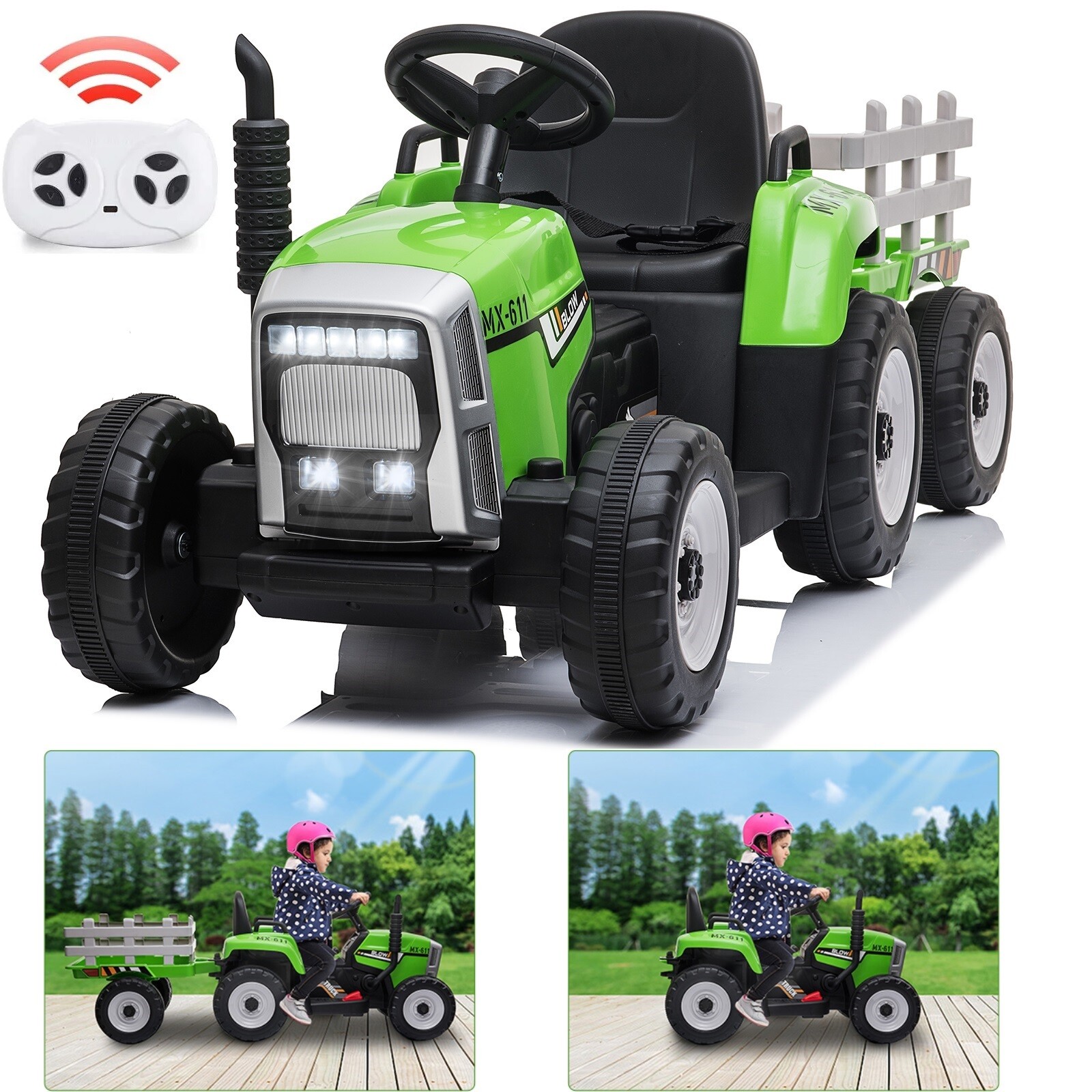 12V Electric Kids Ride On Tractor w/ Trailer Toddler 3-Speed Remote Control LED