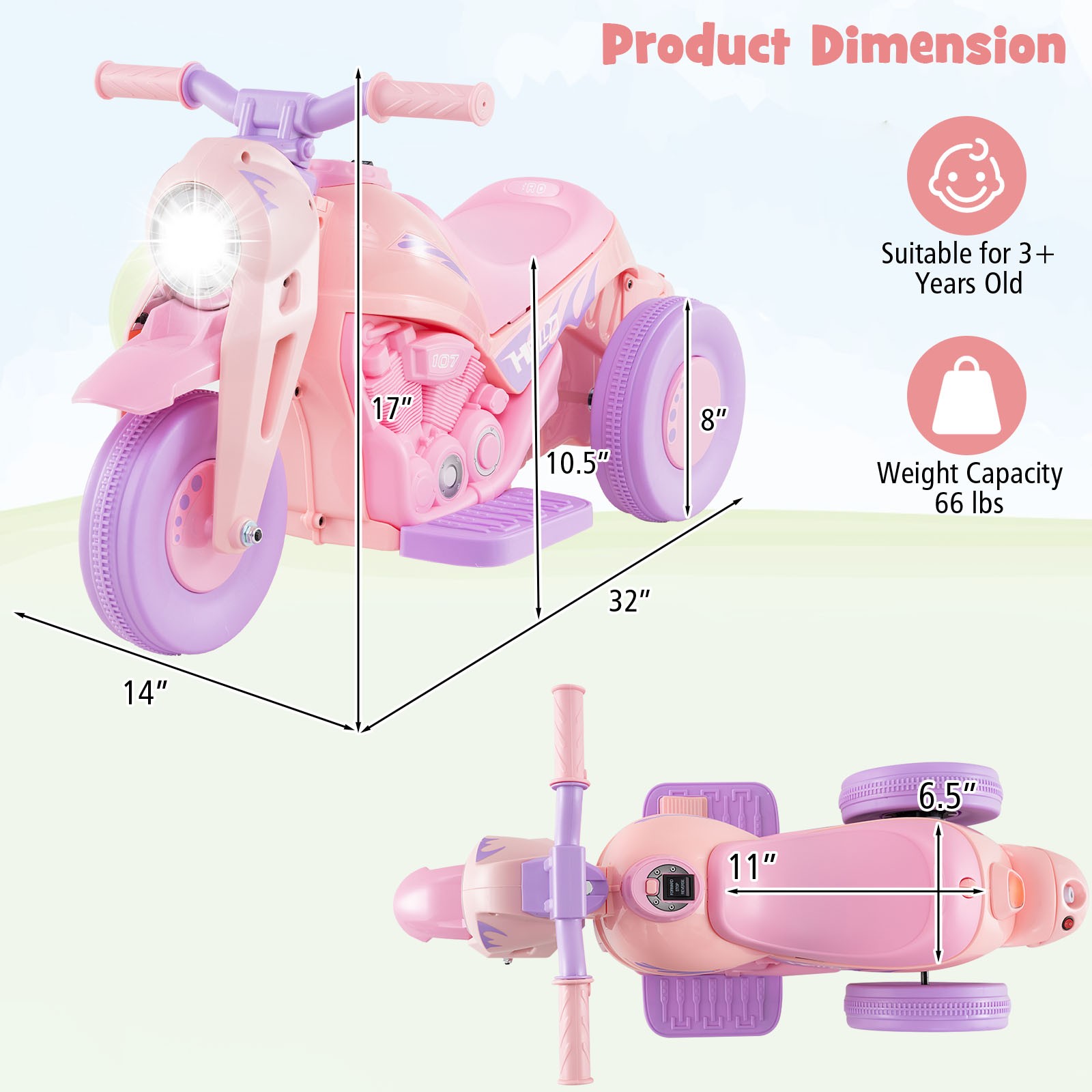 6V Kids Bubble Car Electric Ride on Motorcycle w/ Music Button & LED Headlight