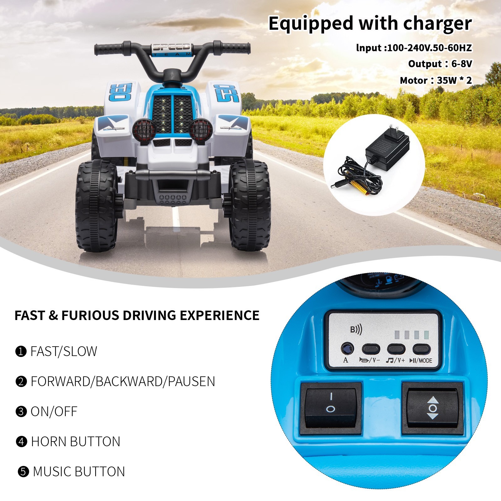 Ride On Car Toys for Kids Electric ATV Off-Road Quad with 6V Battery Powered
