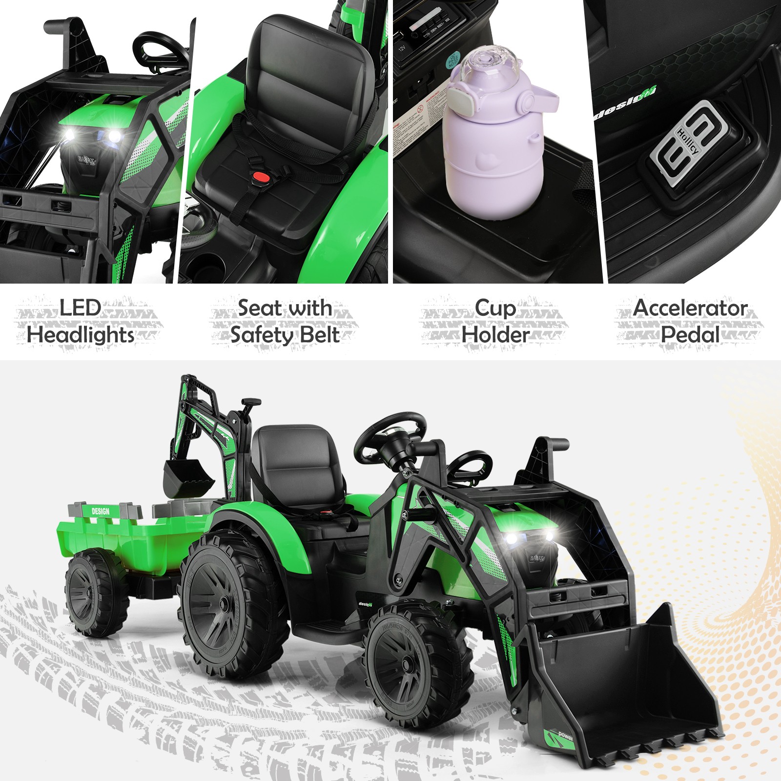 3-in-1 Kids Ride On Excavator Bulldozer 12V Electric Tractor Remote w/ Trailer