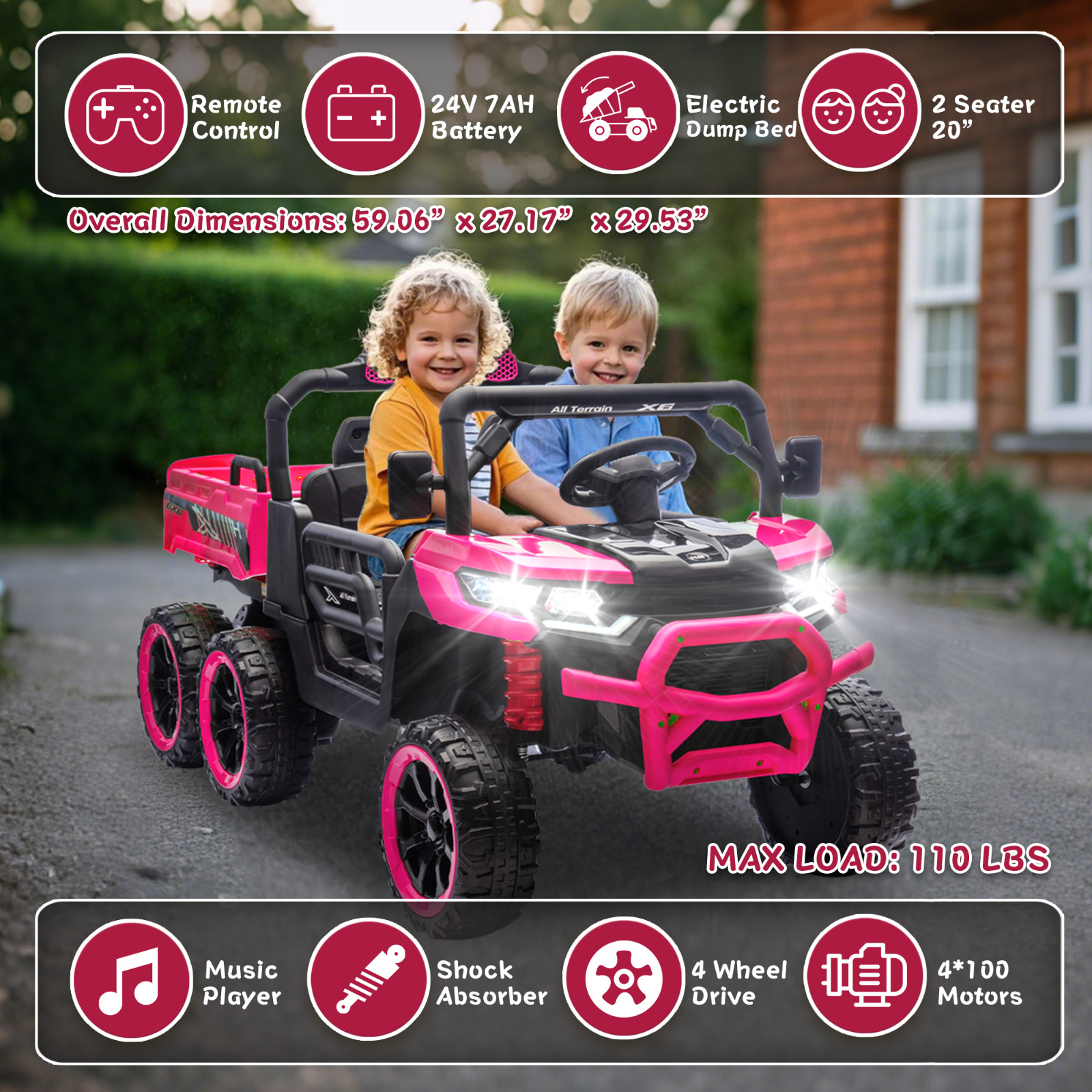 24V Kids Ride on Electric Car UTV w/Remote, LED, Battery Power Wheels Truck,Pink