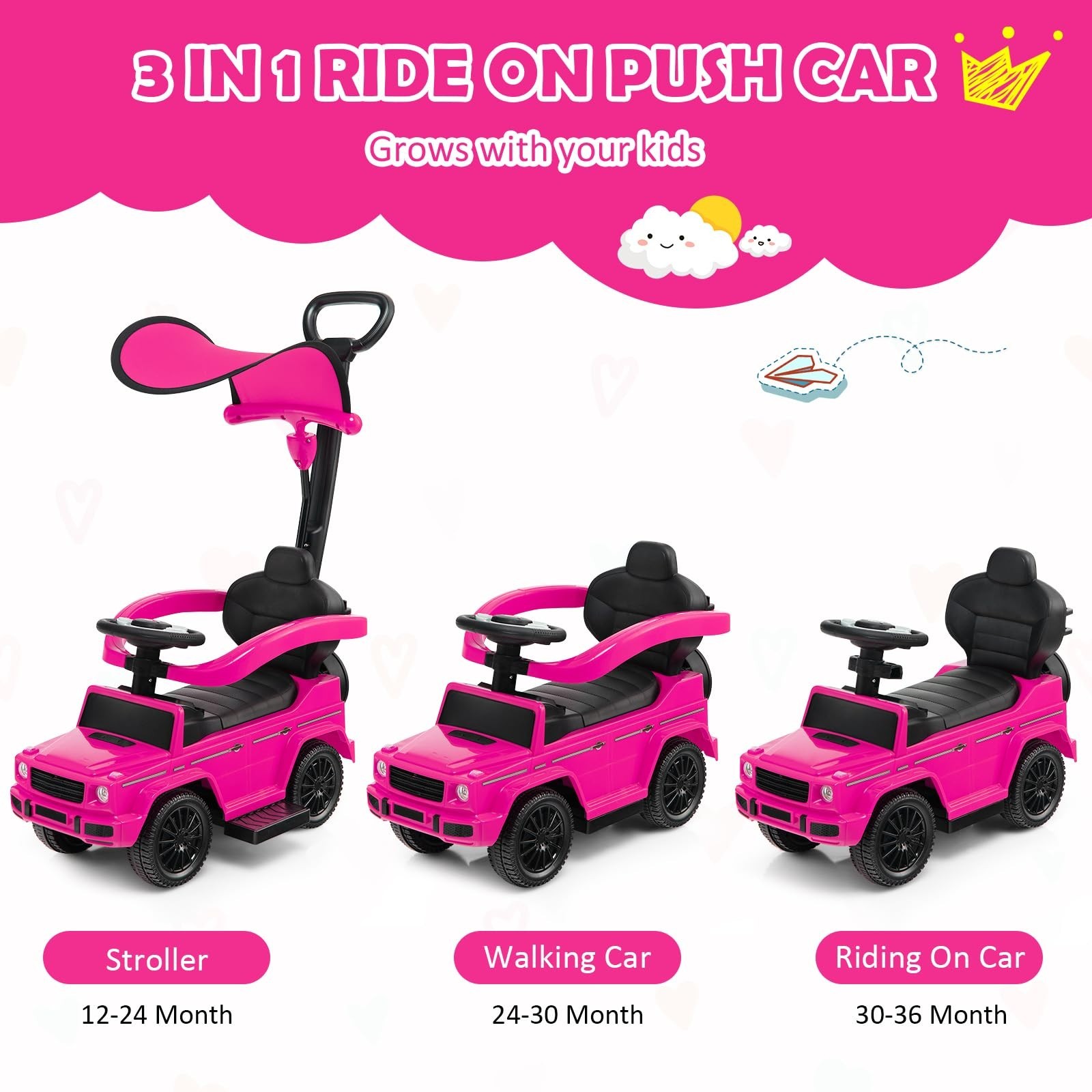 Ride-On Car for Toddlers, Removable Canopy, Anti-Tipping Design, Engine Sound, P