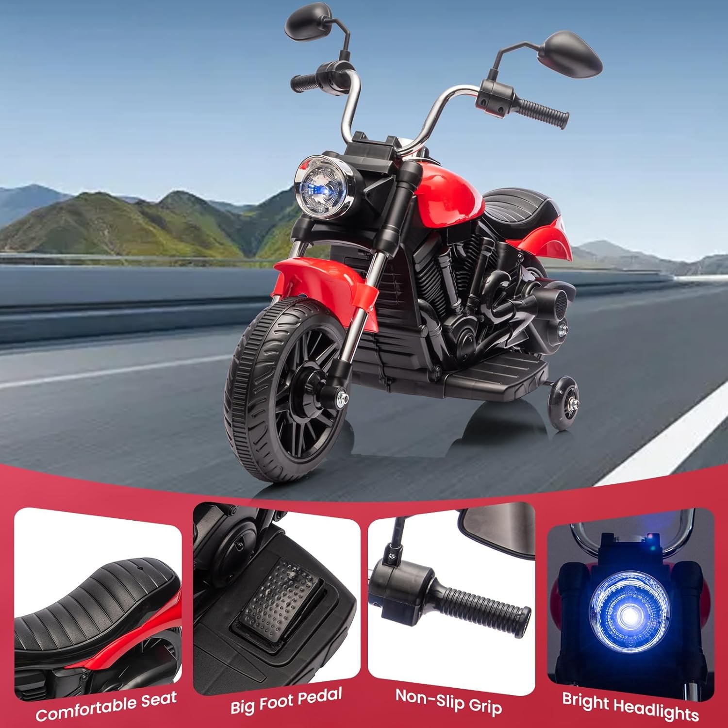 12V Electric Motorcycle for Kids,3-Wheel Ride On Toy w/Detachable Training Wheel