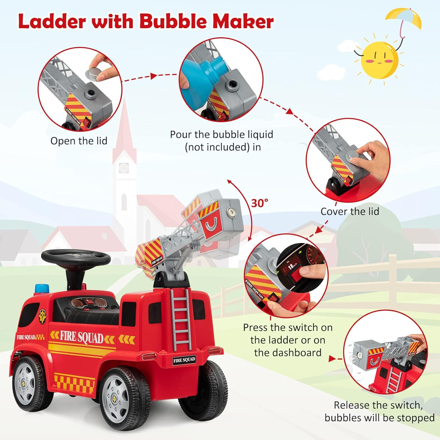 Kids Ride On Fire Truck Foot-to-Floor Sliding Car for Toddlers w/ Sounds & Music