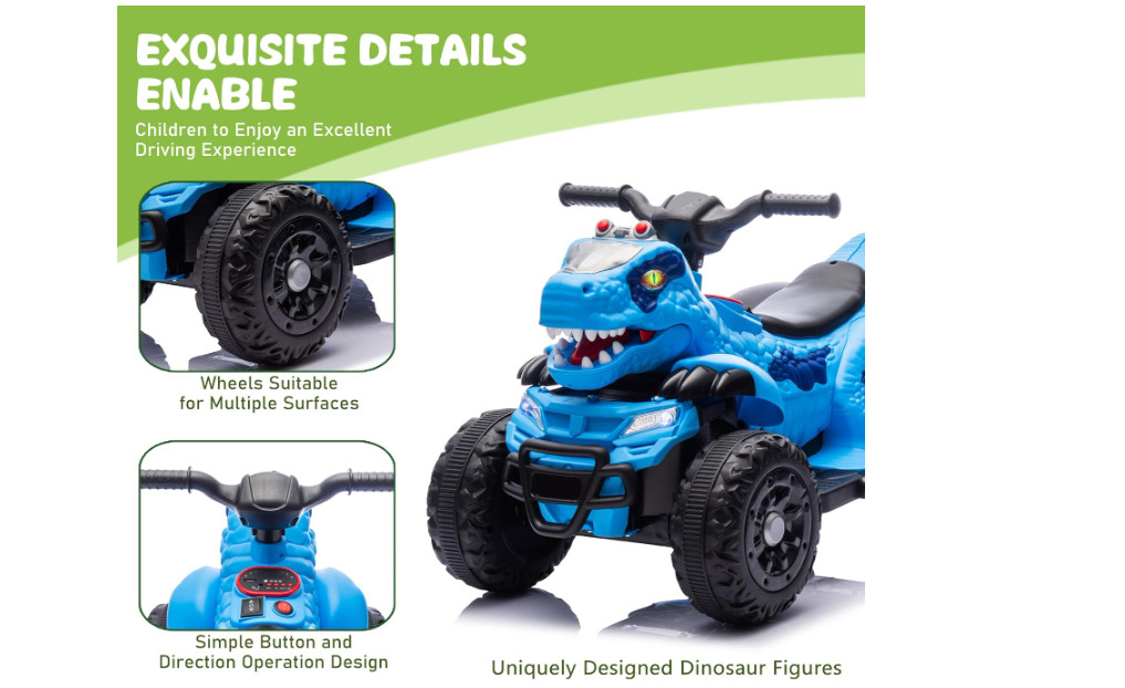 12V Dinosaur Ride-On ATV for Kids, Electric 4 Wheeler Quad Car w/ MUSIC,BT & LED