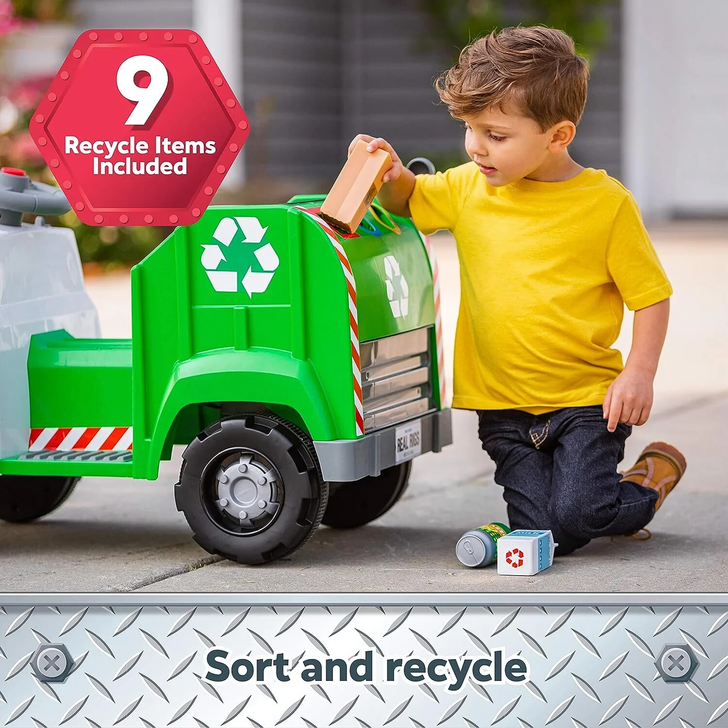 Toddler Recycling Truck 6V Battery-Powered Vehicle w/ Sound Effects, Ages 1.5+